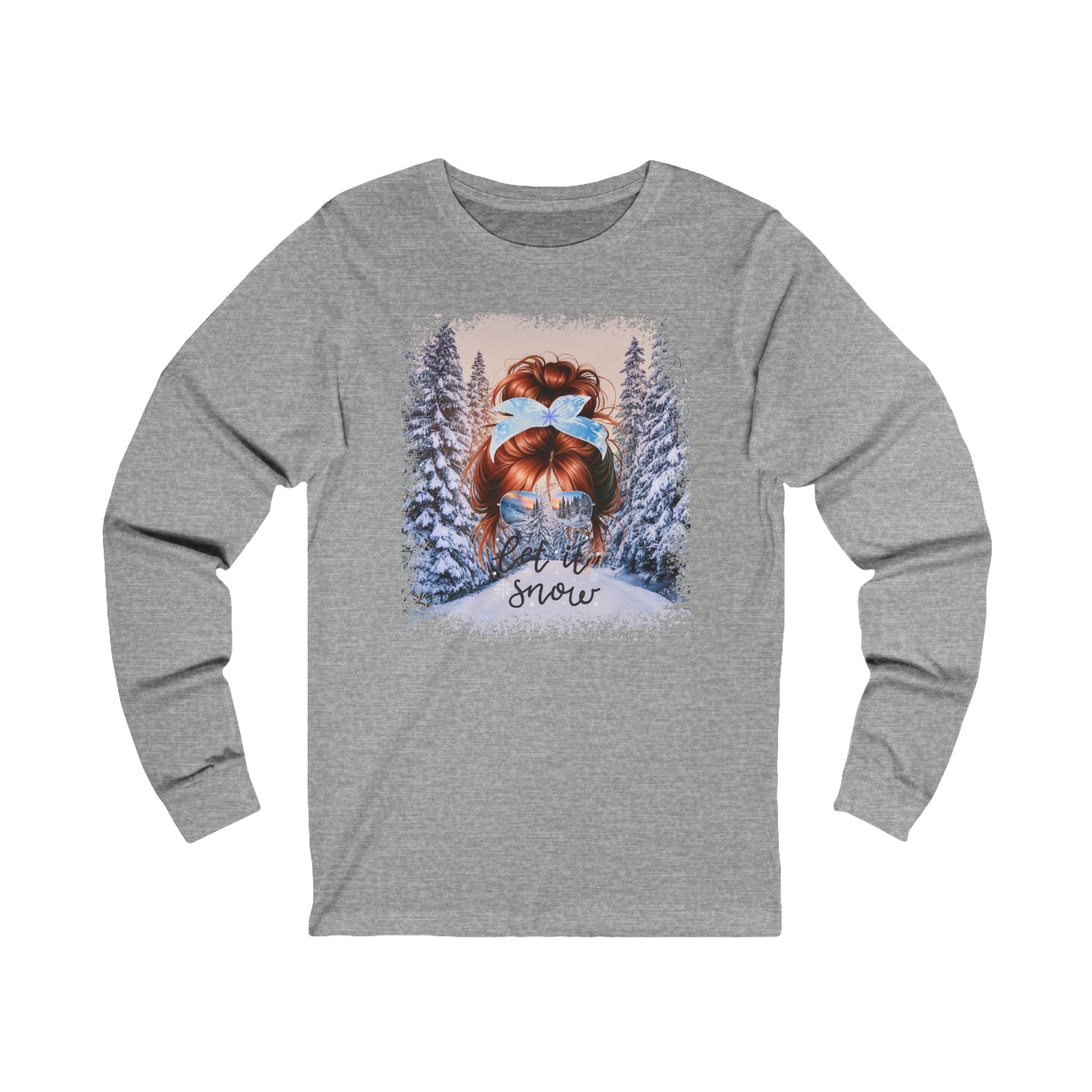 Let it Snow Winter Trail, Red Hair Messy Bun, Unisex Jersey Long Sleeve Tee