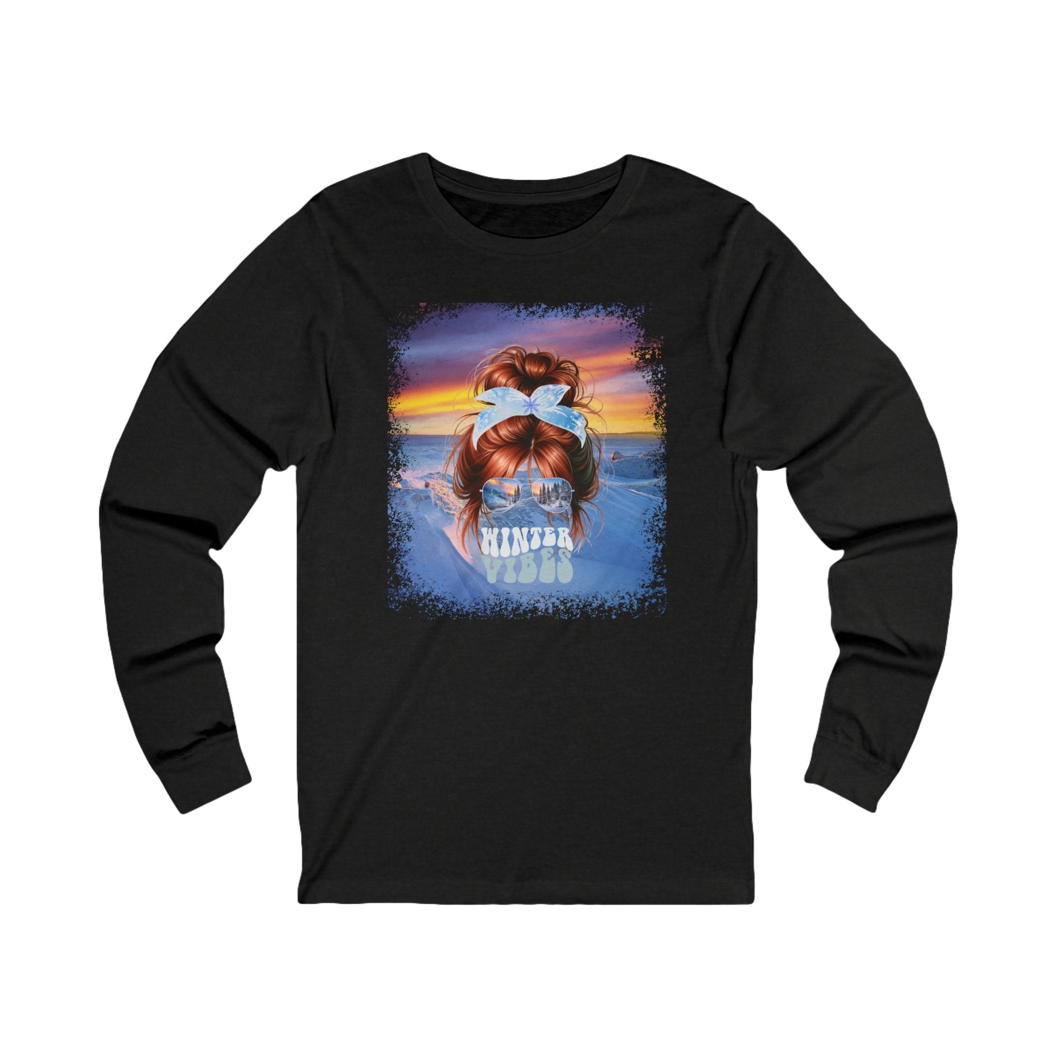 Winter Vibes Winter Mountain, Red Hair Messy Bun, Unisex Jersey Long Sleeve Tee