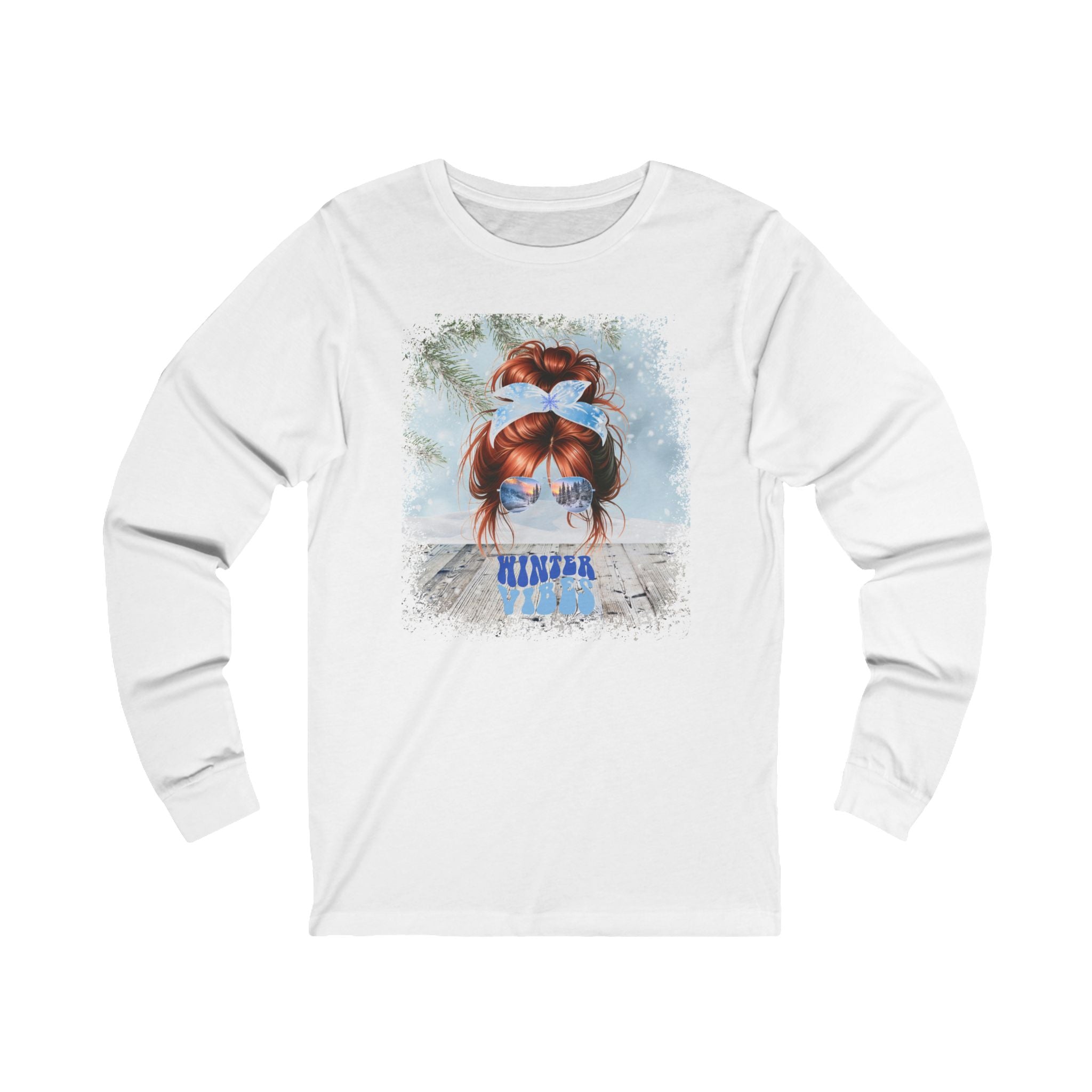 Winter Vibes Winter Snowy Porch, Red Hair Messy Bun, Unisex Jersey Long Sleeve Tee