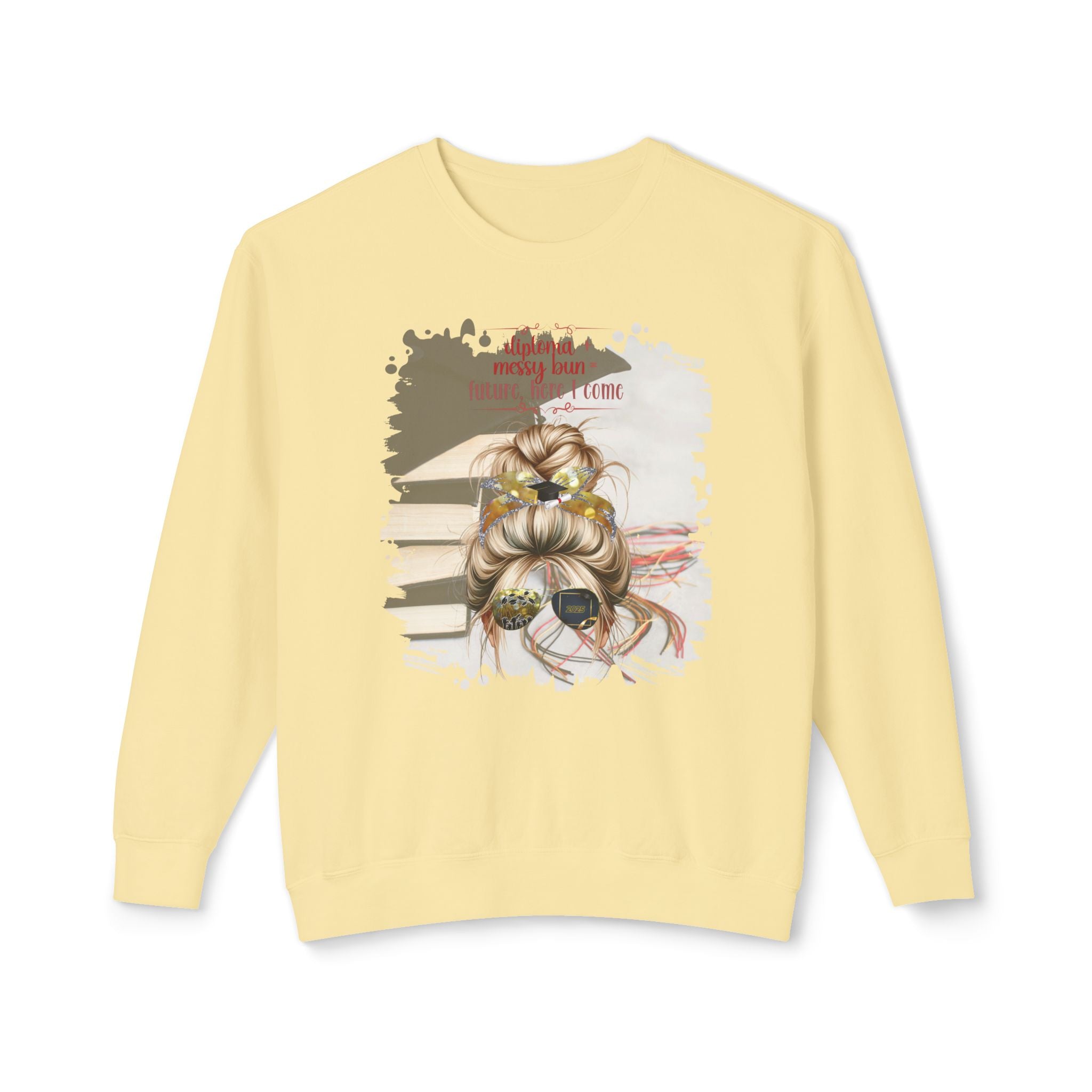 Diploma + Messy Bun, Cap & Books, Blond Hair Messy Bun, Unisex Lightweight Crewneck Sweatshirt