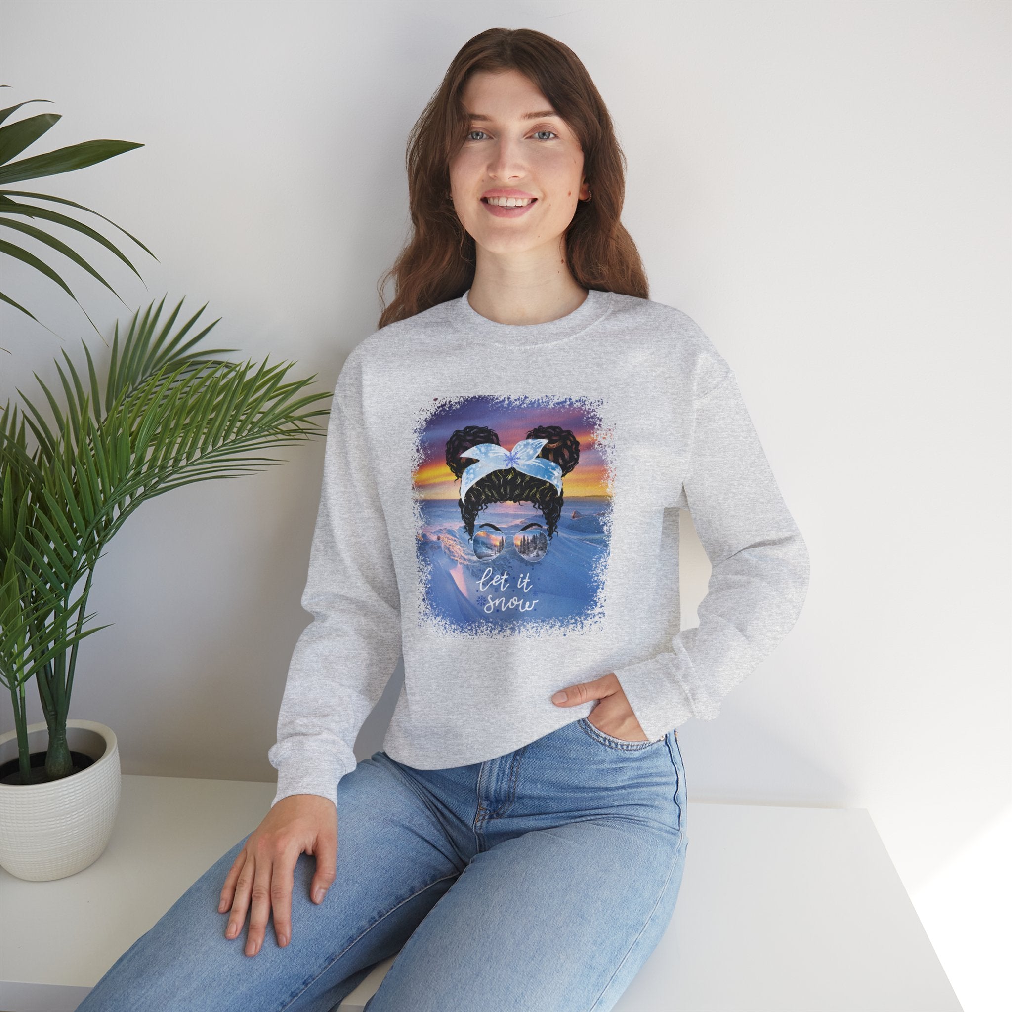 Let it Snow Winter Mountain, Black Hair Messy Bun, Unisex Heavy Blend™ Crewneck Sweatshirt