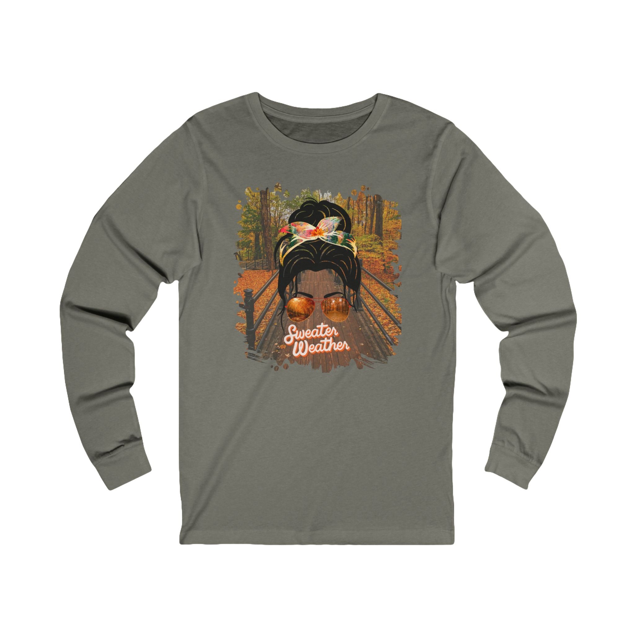 Sweater Weather Fall Hike, Dark Hair Messy Bun, Unisex Jersey Long Sleeve Tee