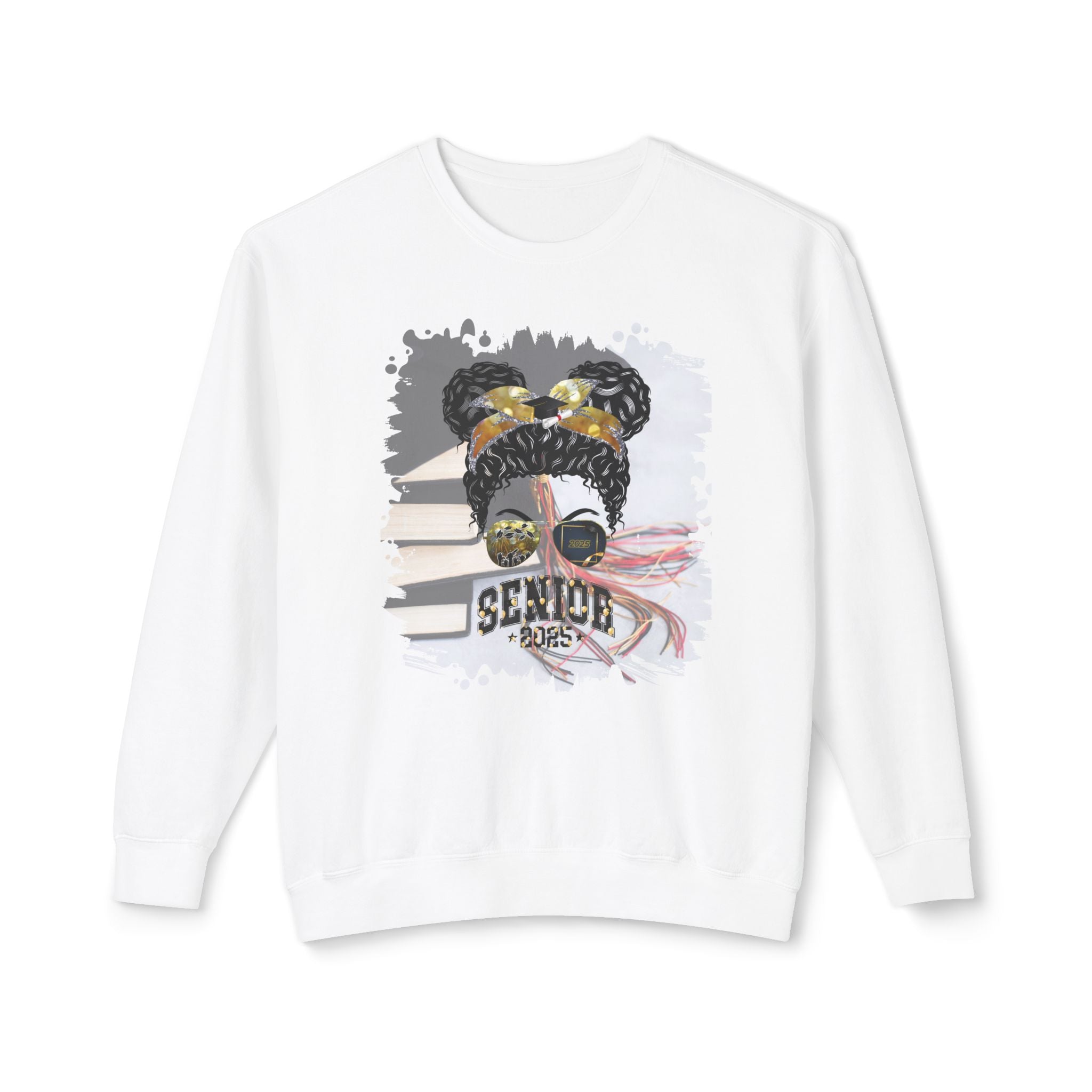 Senior 2025 Balloons, Cap & Books, Black Hair Messy Bun, Unisex Lightweight Crewneck Sweatshirt