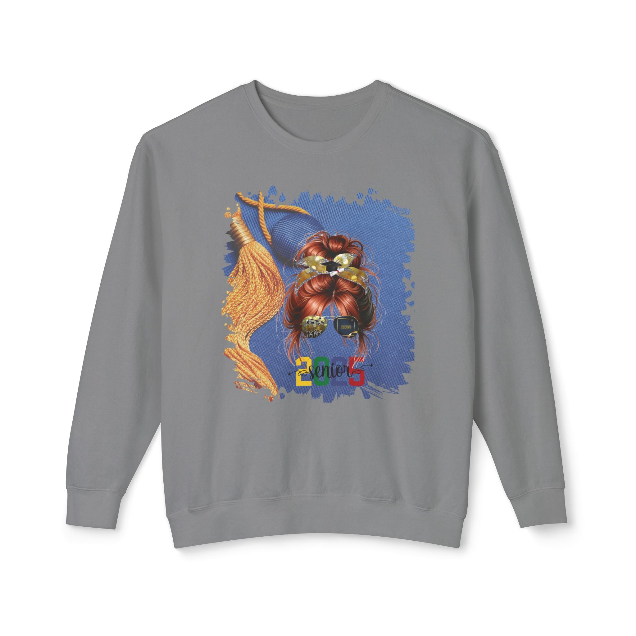 Senior 2025 Colorful, Graduation Cap, Red Hair Messy Bun, Unisex Lightweight Crewneck Sweatshirt