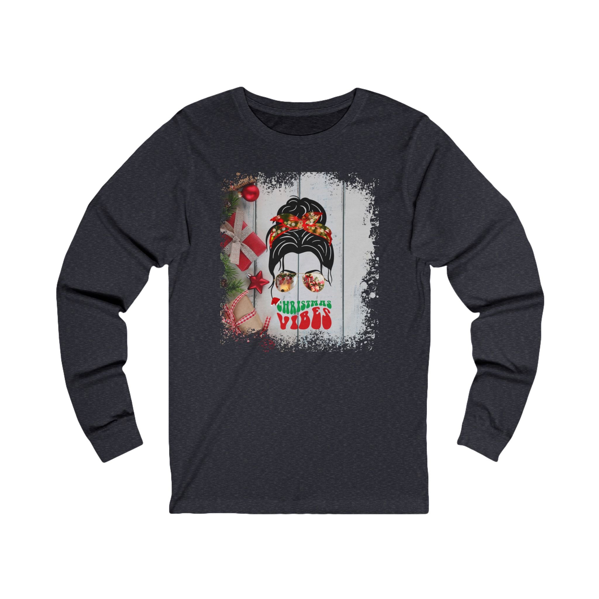 Christmas Vibes Christmas Presents, Dark Hair Messy Bun, Unisex Jersey Long Sleeve Tee