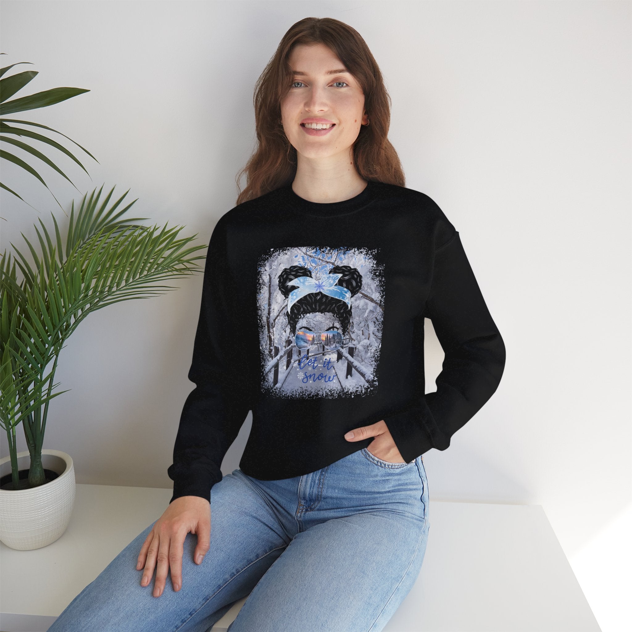 Let it Snow, Winter Hike, Black Hair Messy Bun, Unisex Heavy Blend™ Crewneck Sweatshirt