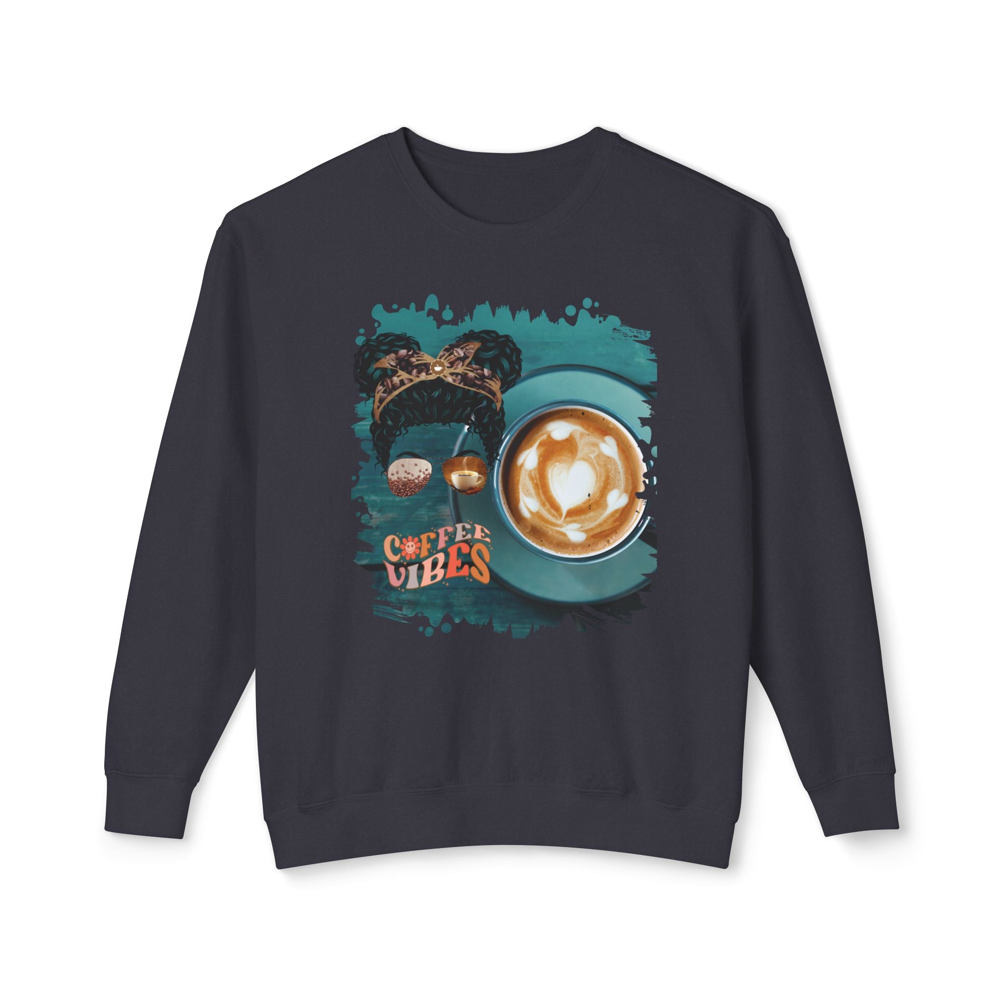 Coffee Vibes, Coffee Cup, Black Hair Messy Bun, Unisex Lightweight Crewneck Sweatshirt