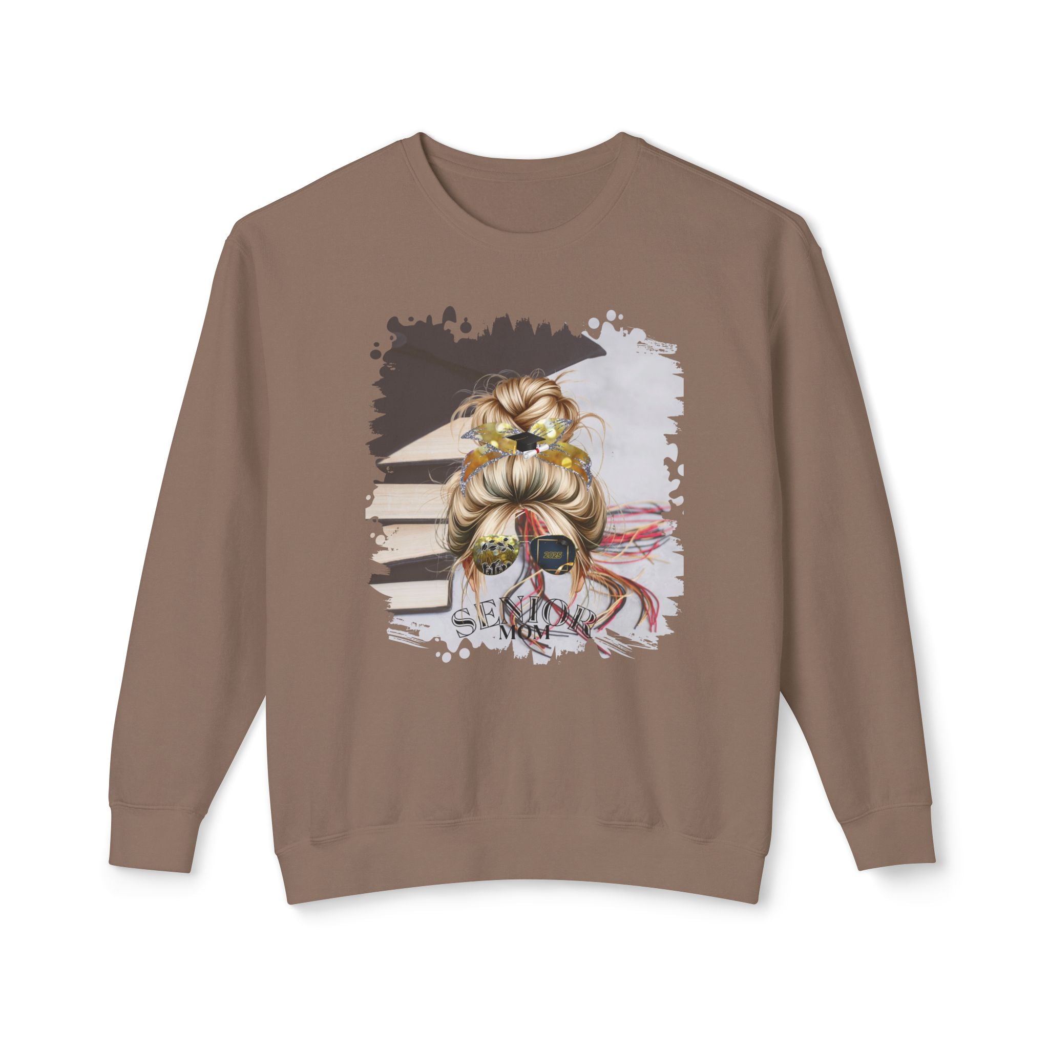 Senior Mom, Cap & Books, Blond Hair Messy Bun, Unisex Lightweight Crewneck Sweatshirt