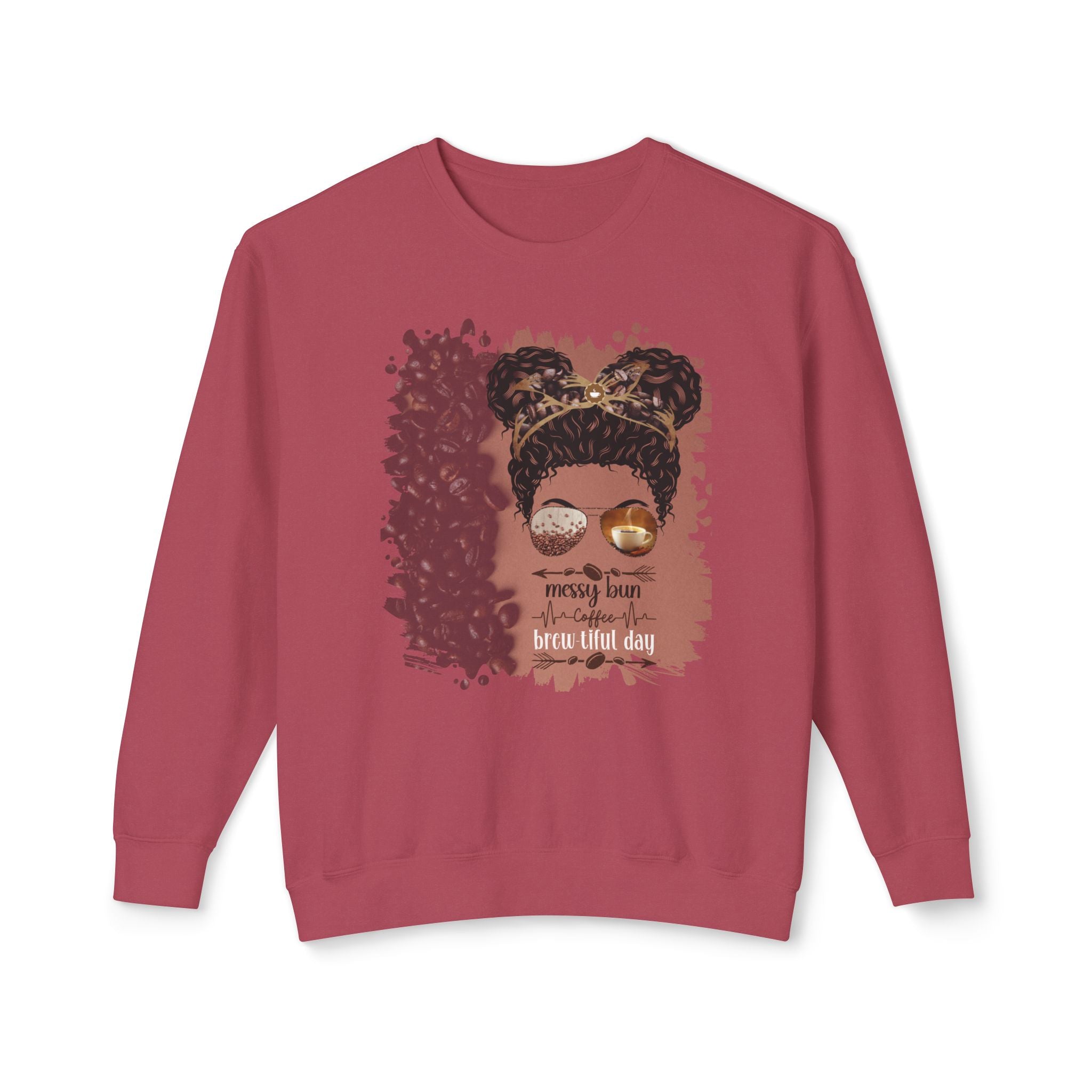 Messy Bun Coffee Heartbeat, Coffee Beans Shade, Black Hair Messy Bun, Unisex Lightweight Crewneck Sweatshirt