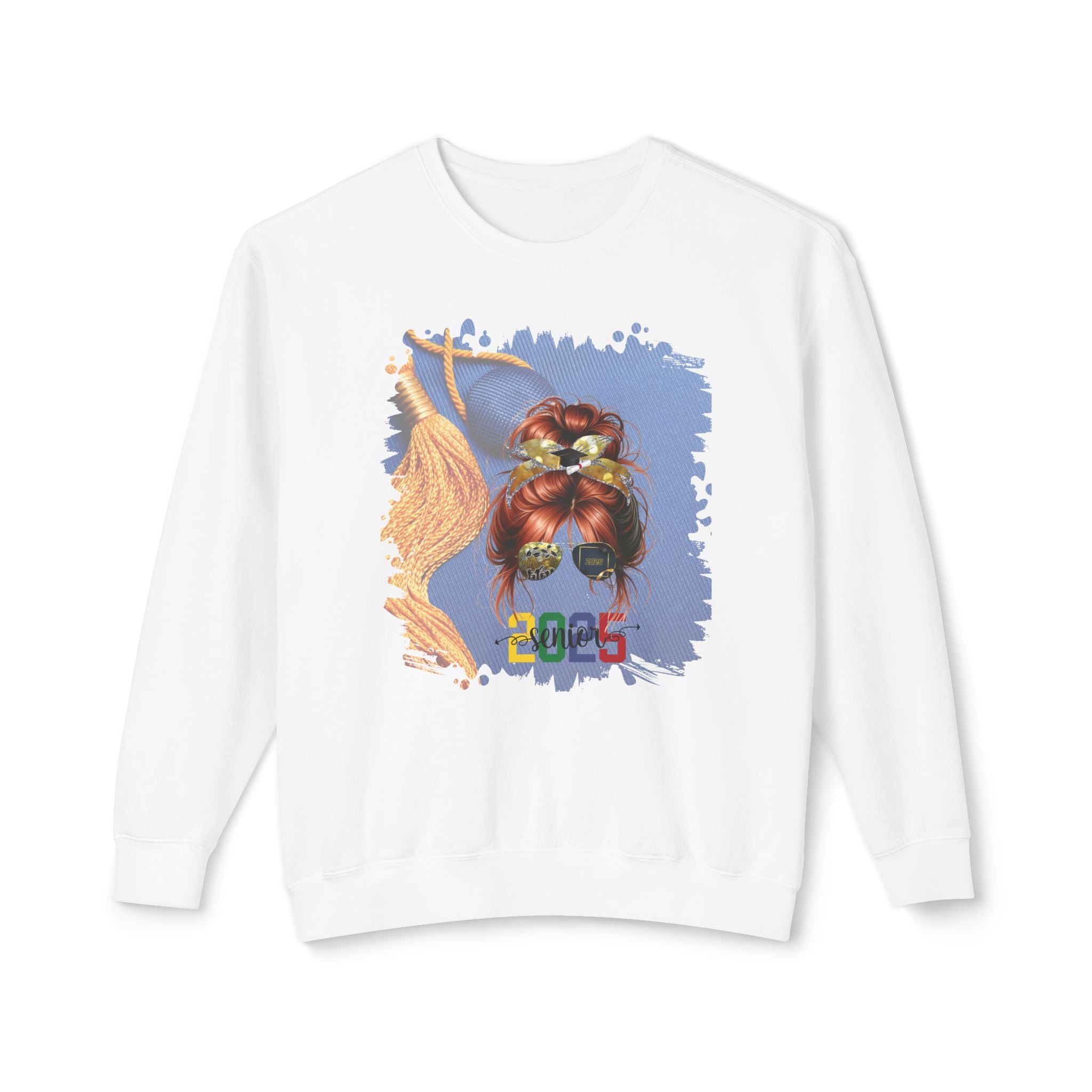 Senior 2025 Colorful, Graduation Cap, Red Hair Messy Bun, Unisex Lightweight Crewneck Sweatshirt