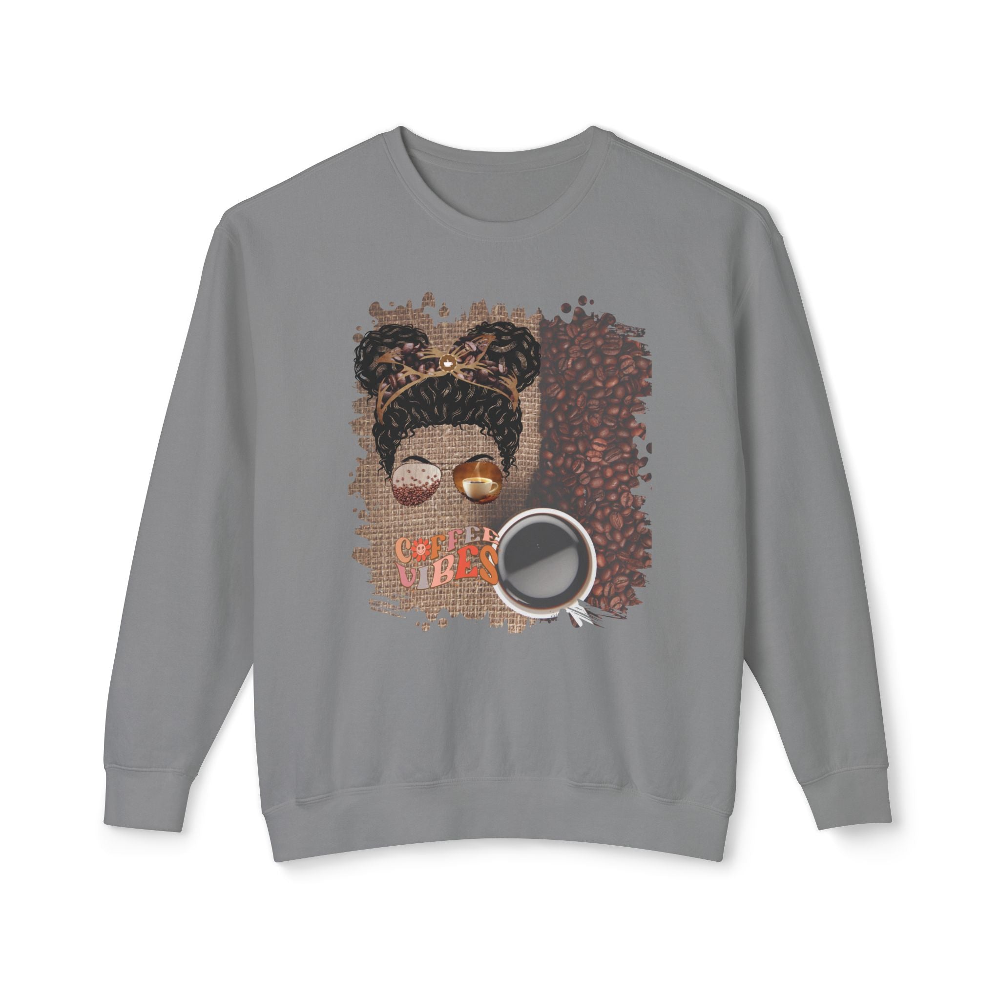 Coffee Vibes, Coffee Beans Bag, Black Hair Messy Bun, Unisex Lightweight Crewneck Sweatshirt