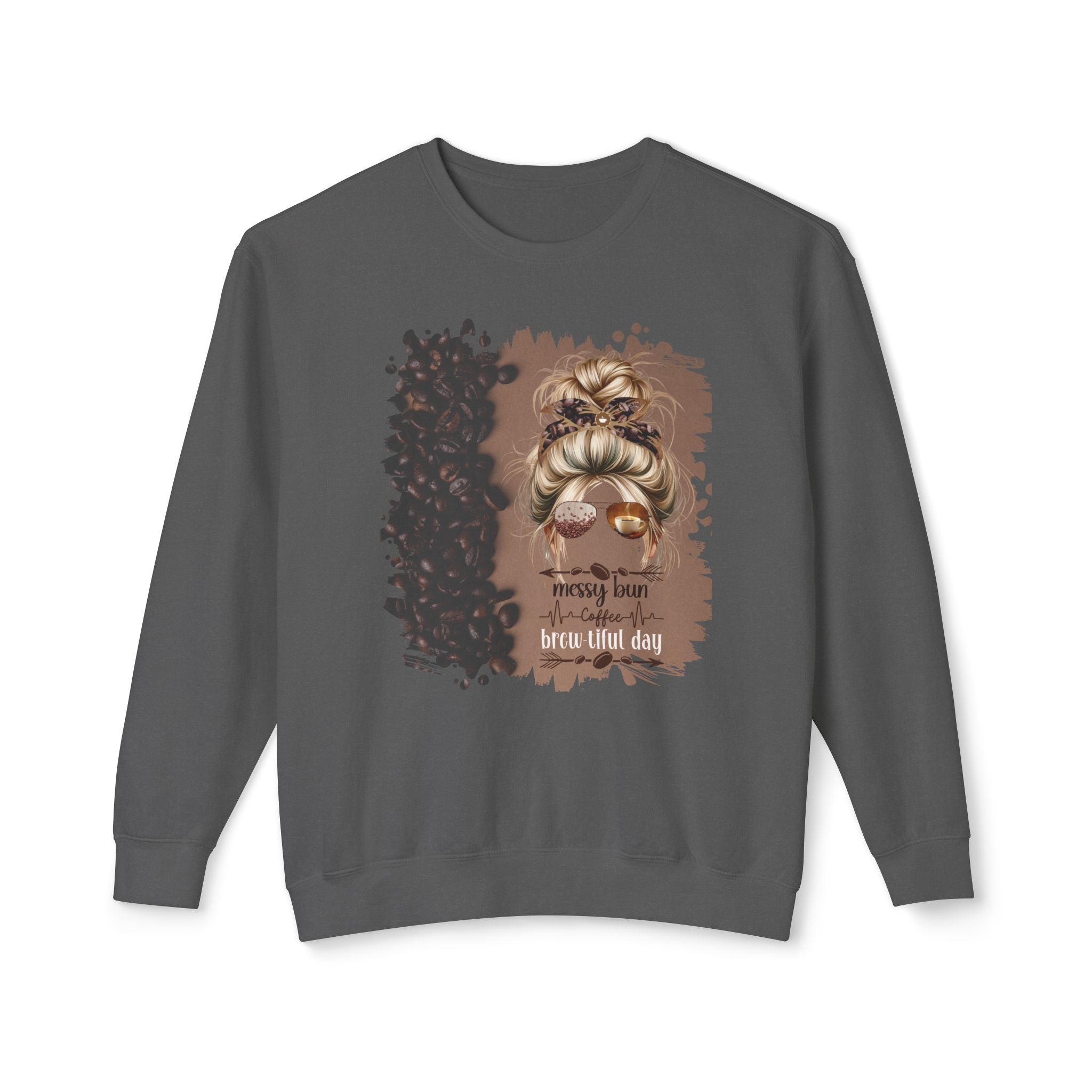 Messy Bun Coffee Heartbeat, Coffee Beans Shade, Blond Hair Messy Bun, Unisex Lightweight Crewneck Sweatshirt