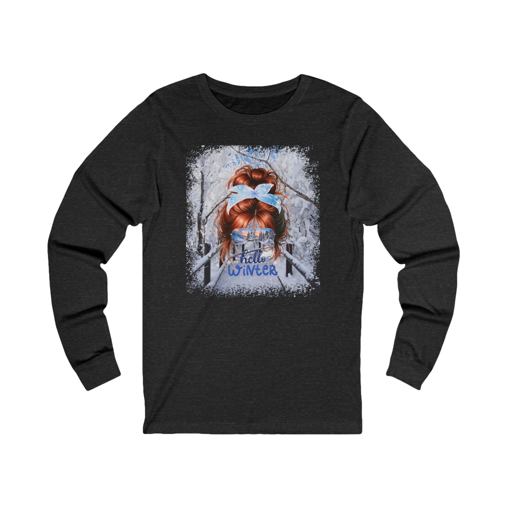 Hello Winter, Winter Hike, Red Hair Messy Bun, Unisex Jersey Long Sleeve Tee