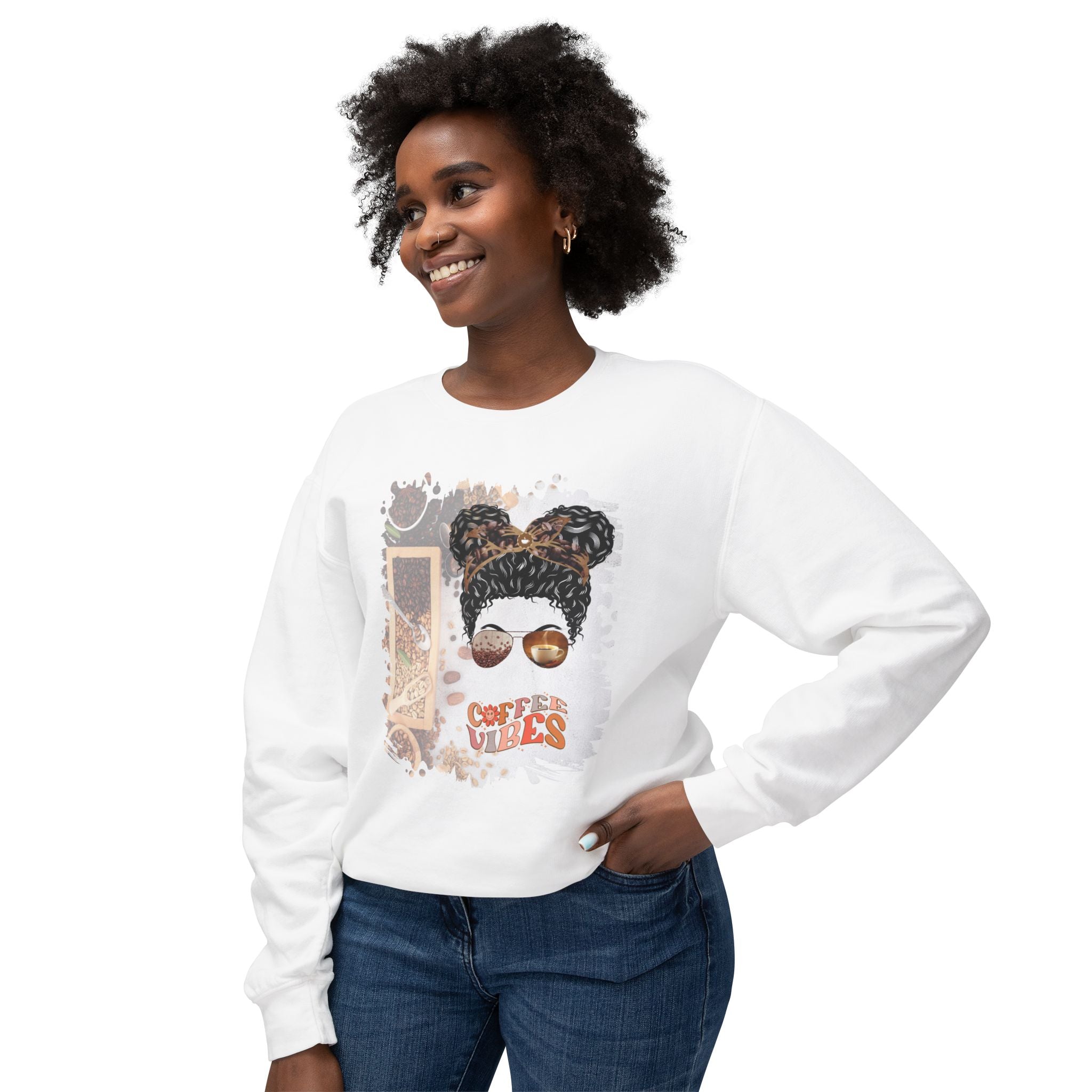 Coffee Vibes, Coffee Beans Variety, Black Hair Messy Bun, Unisex Lightweight Crewneck Sweatshirt