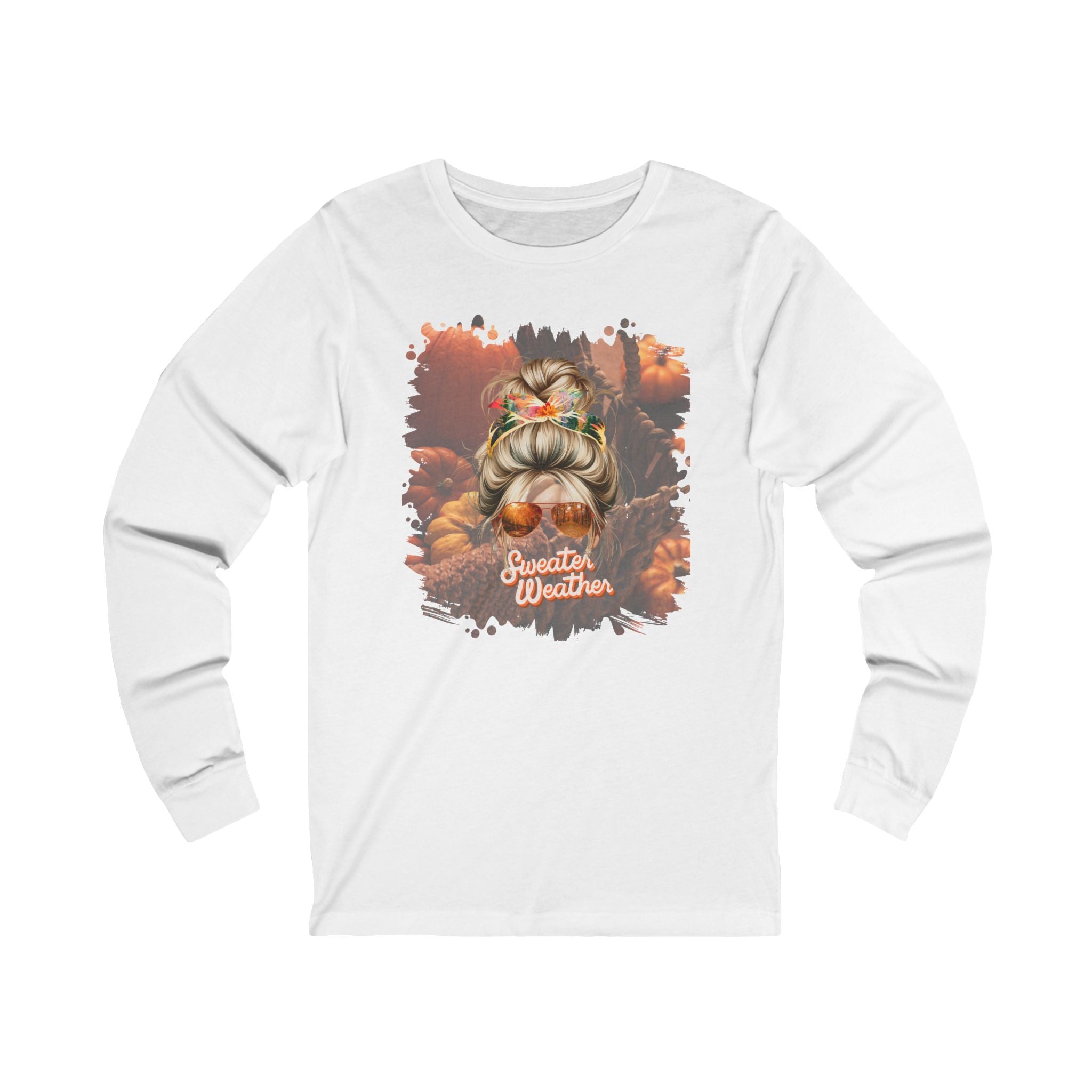 Sweater Weather Fall Pumpkins, Blond Hair Messy Bun, Unisex Jersey Long Sleeve Tee