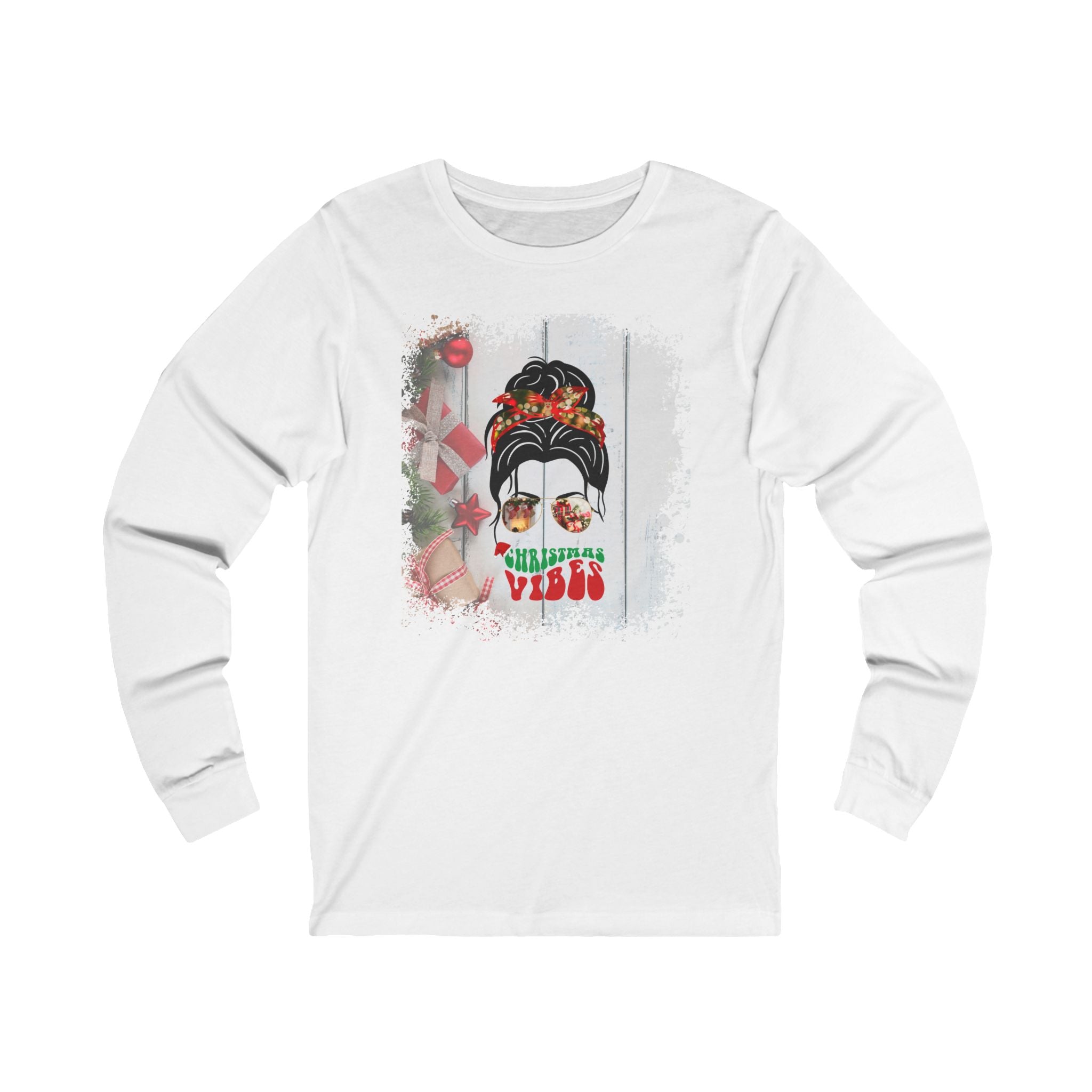 Christmas Vibes Christmas Presents, Dark Hair Messy Bun, Unisex Jersey Long Sleeve Tee