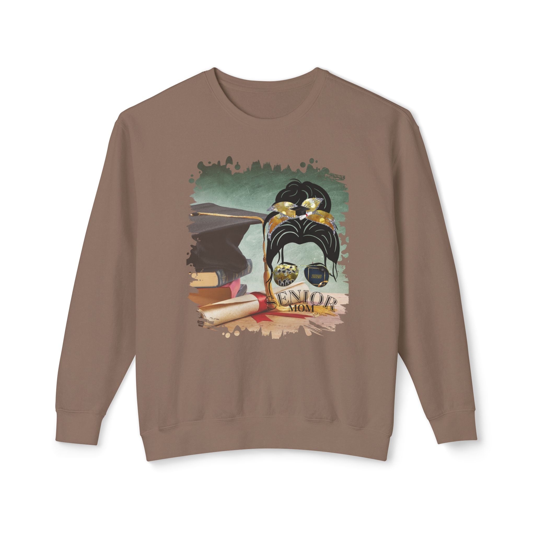 Senior Mom, Cap & Degree/Diploma, Dark Hair Messy Bun, Unisex Lightweight Crewneck Sweatshirt