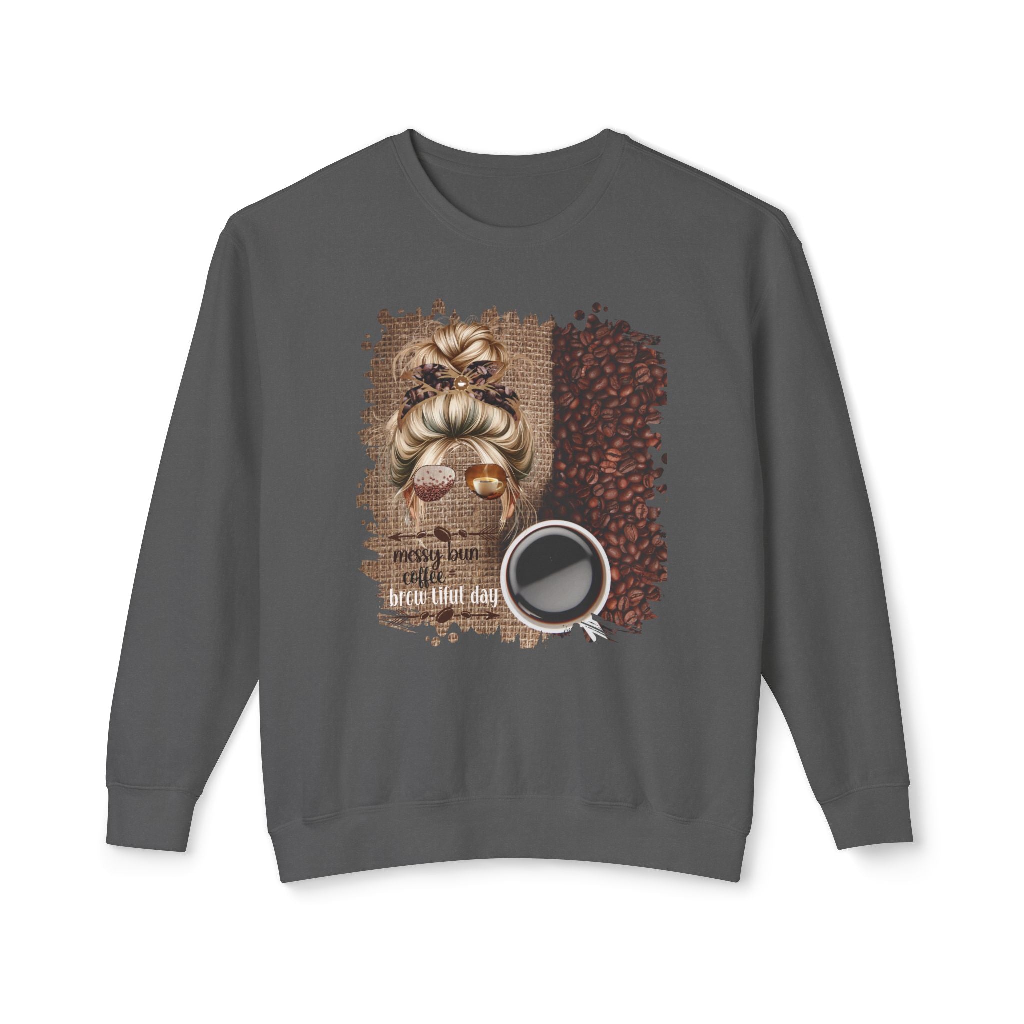 Messy Bun plus Coffee, Coffee Beans Bag, Blond Hair Messy Bun, Unisex Lightweight Crewneck Sweatshirt