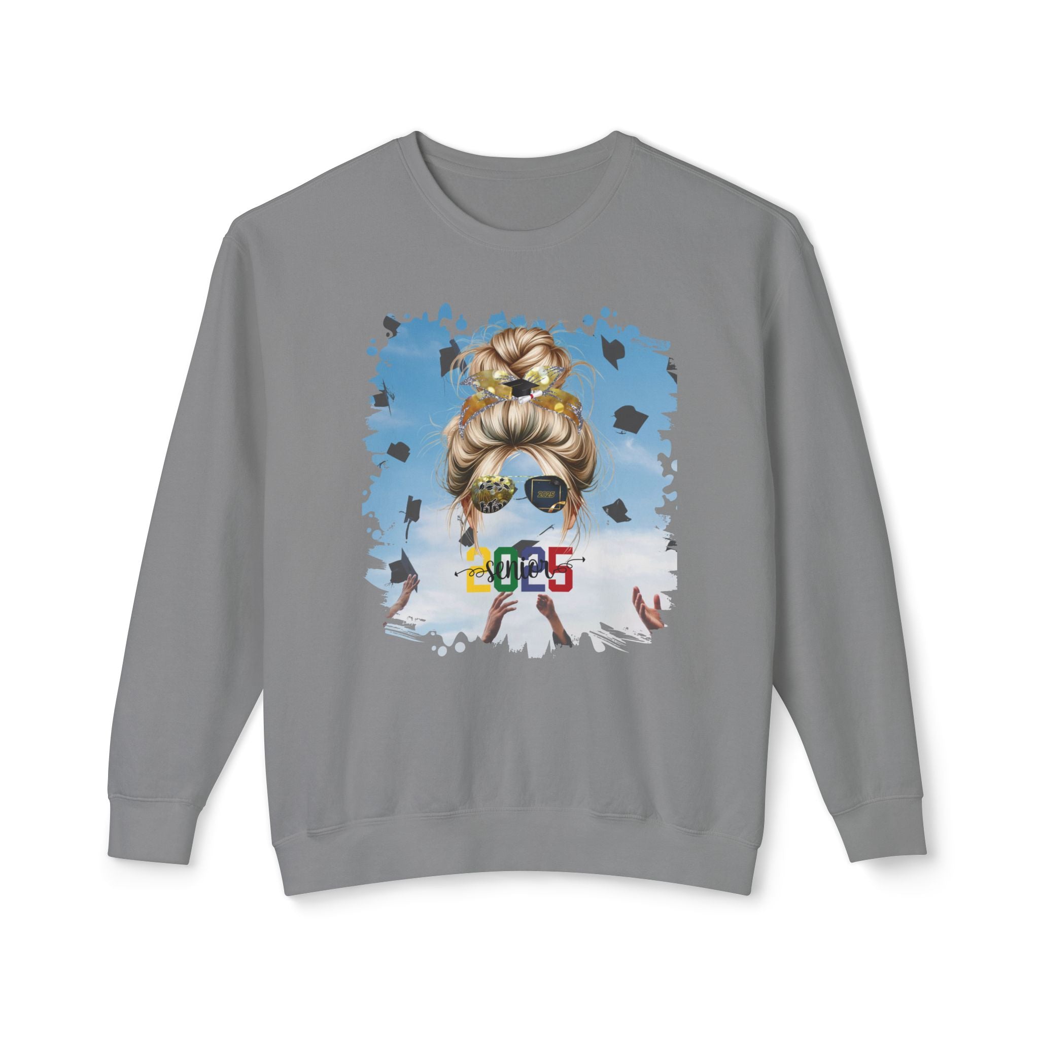 Senior 2025 Colorful, Celebration, Blond Hair Messy Bun, Unisex Lightweight Crewneck Sweatshirt