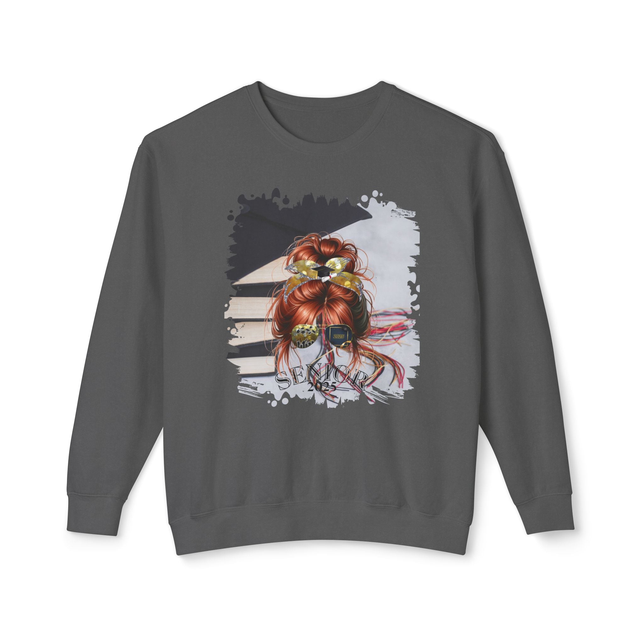 Senior 2025, Cap & Books, Red Hair Messy Bun, Unisex Lightweight Crewneck Sweatshirt