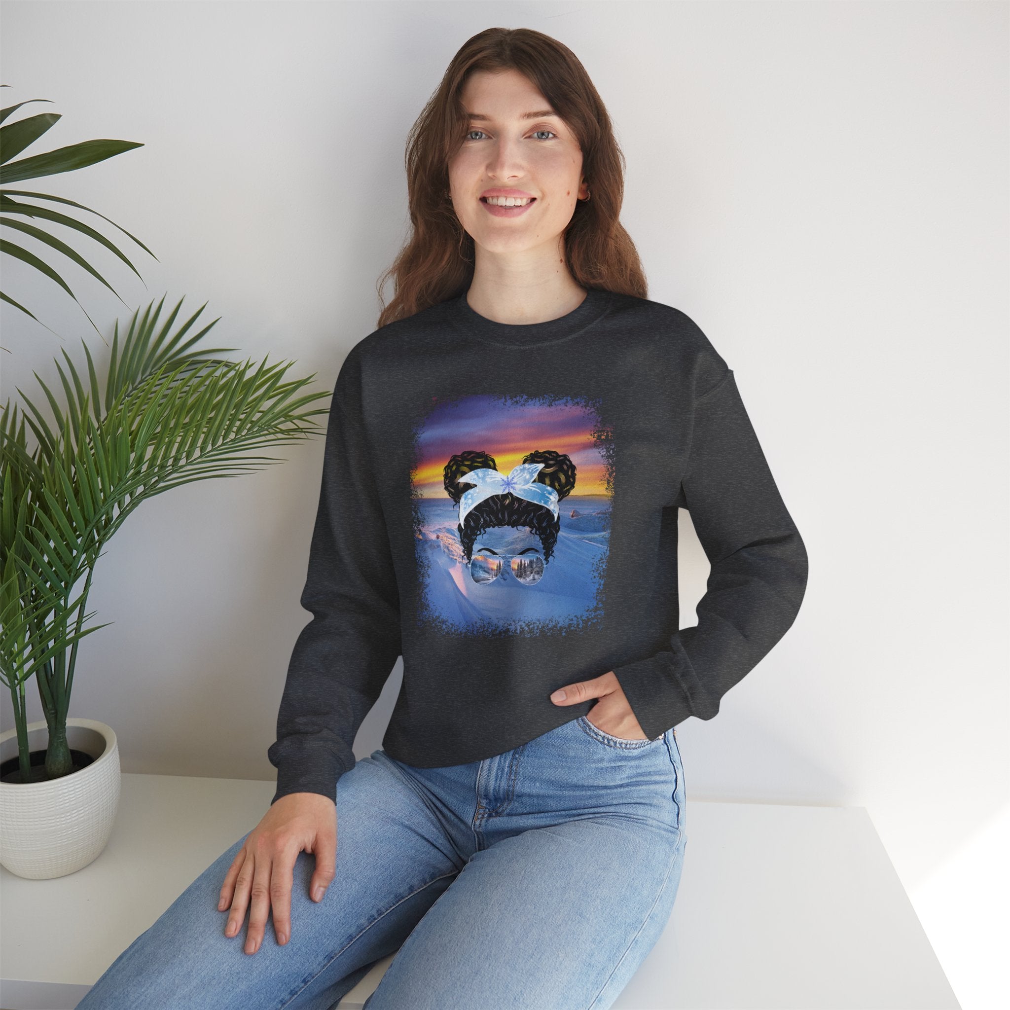 Winter Mountain, Black Hair Messy Bun, Unisex Heavy Blend™ Crewneck Sweatshirt