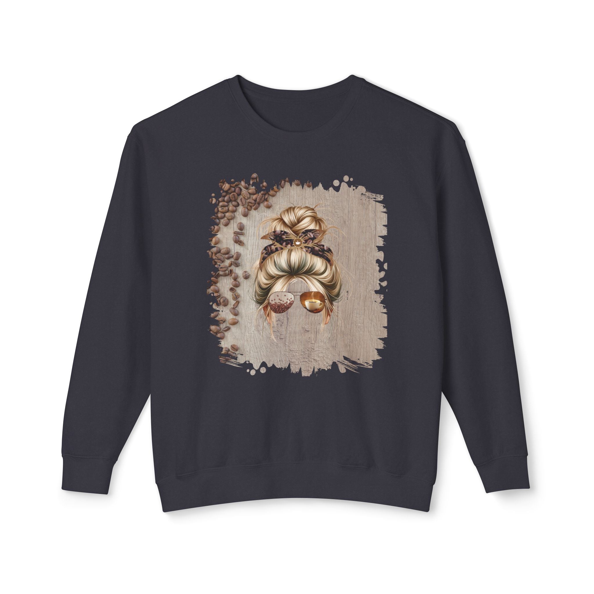 Coffee Beans Table, Blond Hair Messy Bun, Unisex Lightweight Crewneck Sweatshirt