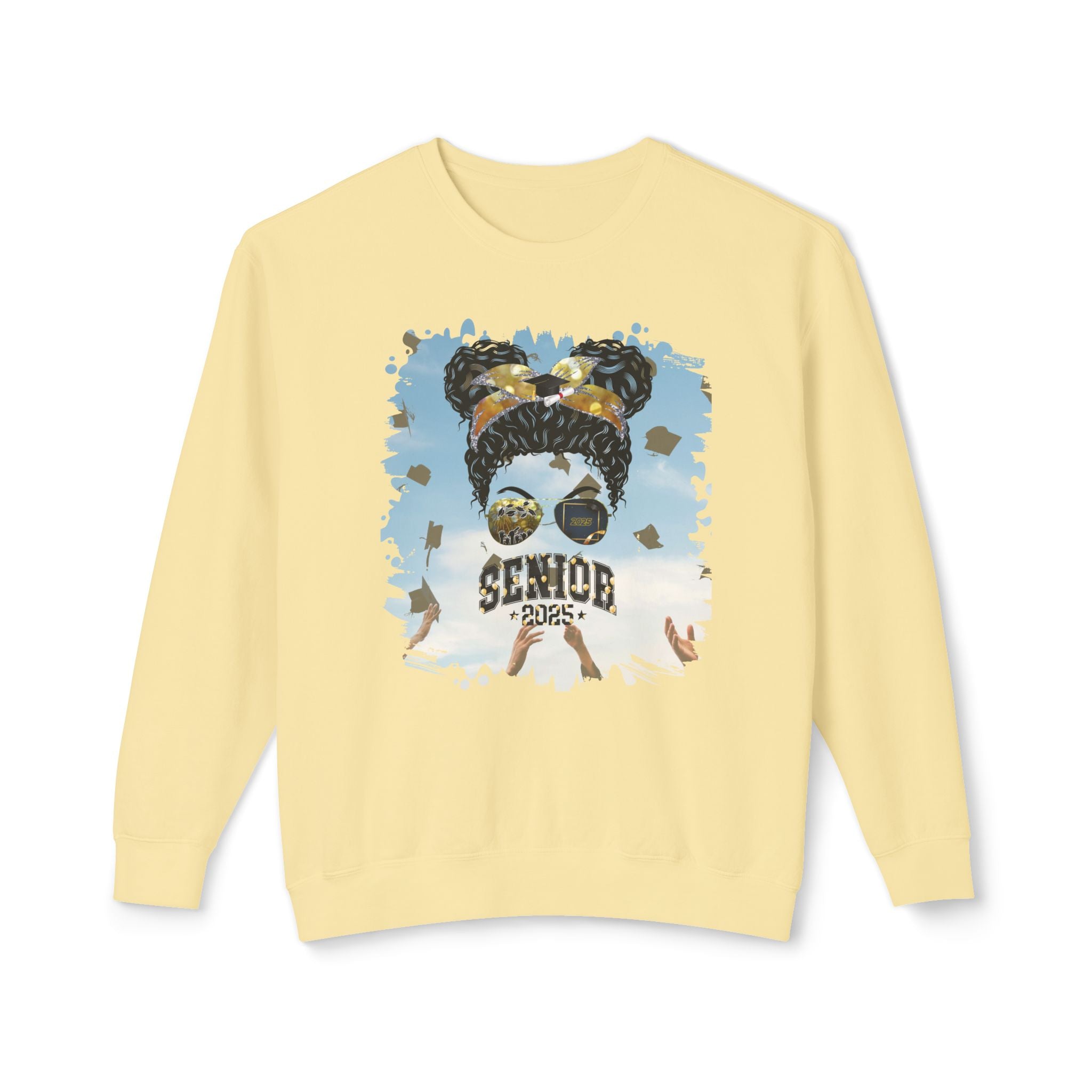 Senior 2025 Balloons, Celebration, Black Hair Messy Bun, Unisex Lightweight Crewneck Sweatshirt