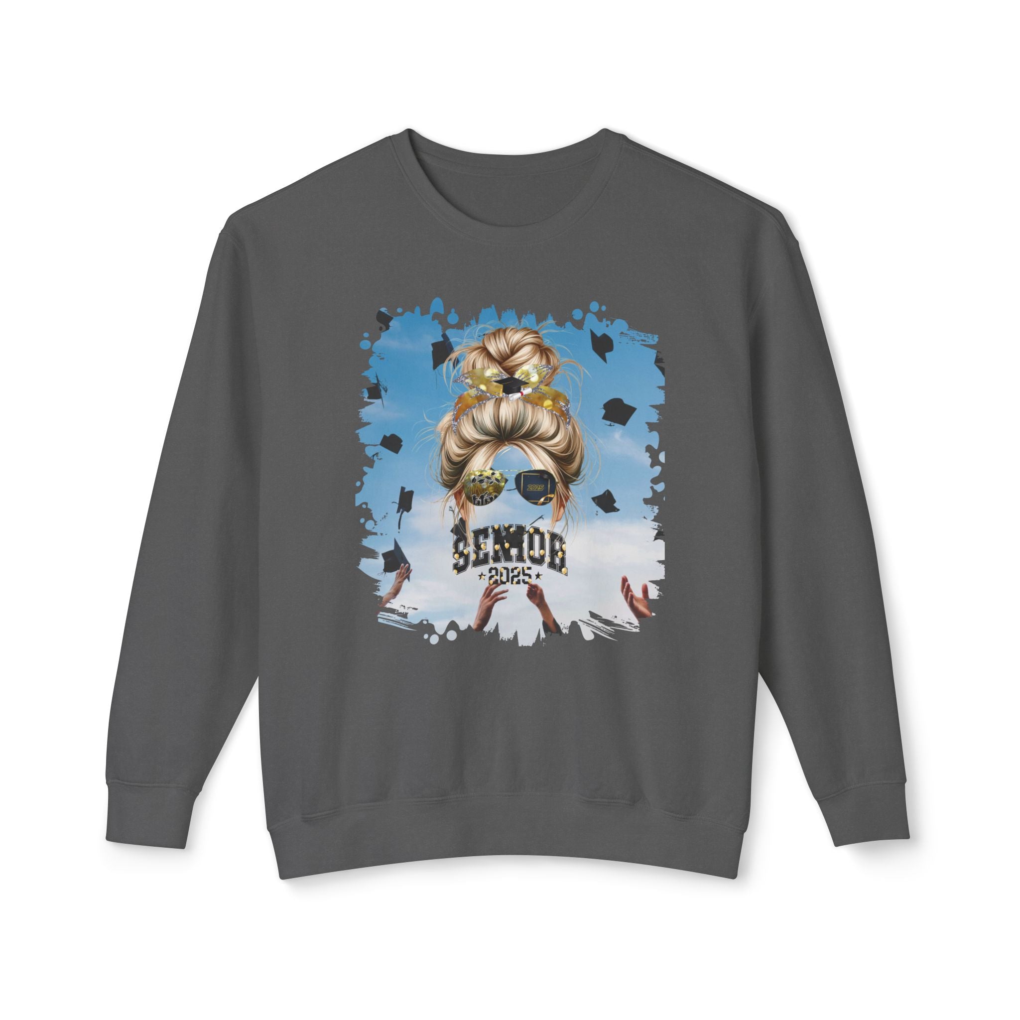 Senior 2025 Balloons, Celebration, Blond Hair Messy Bun, Unisex Lightweight Crewneck Sweatshirt