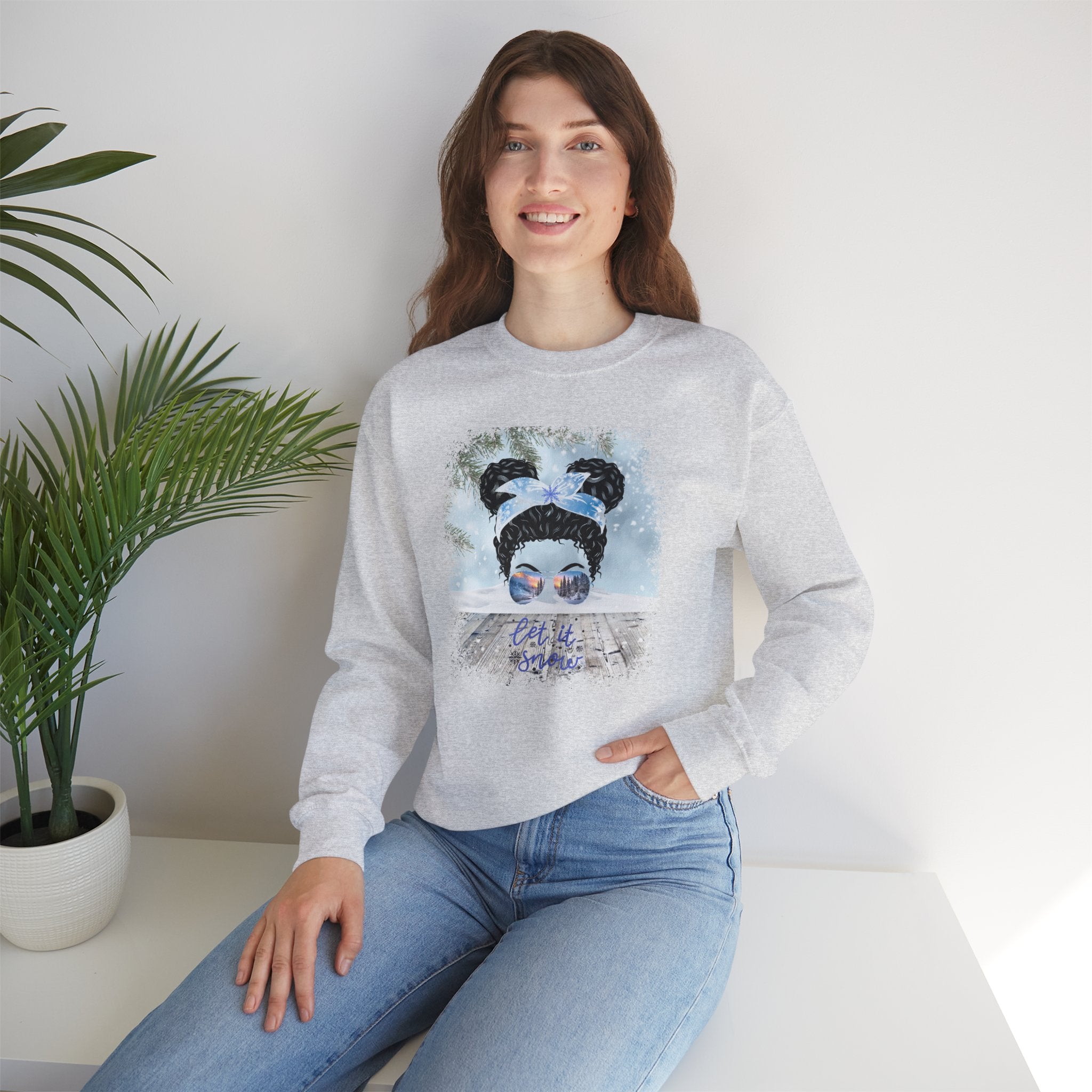 Let it Snow, Snowy Porch, Black Hair Messy Bun, Unisex Heavy Blend™ Crewneck Sweatshirt