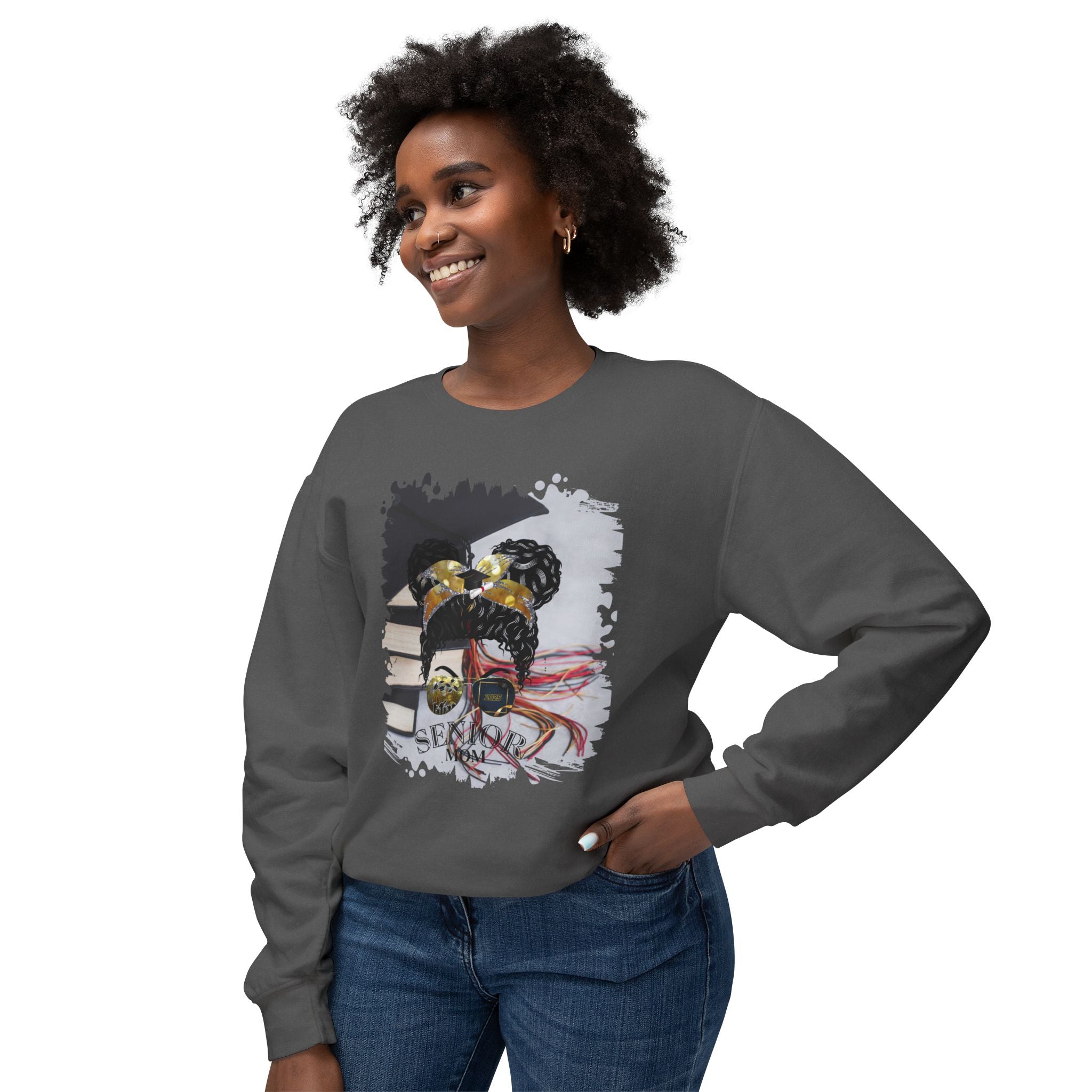Senior Mom, Cap & Books, Black Hair Messy Bun, Unisex Lightweight Crewneck Sweatshirt