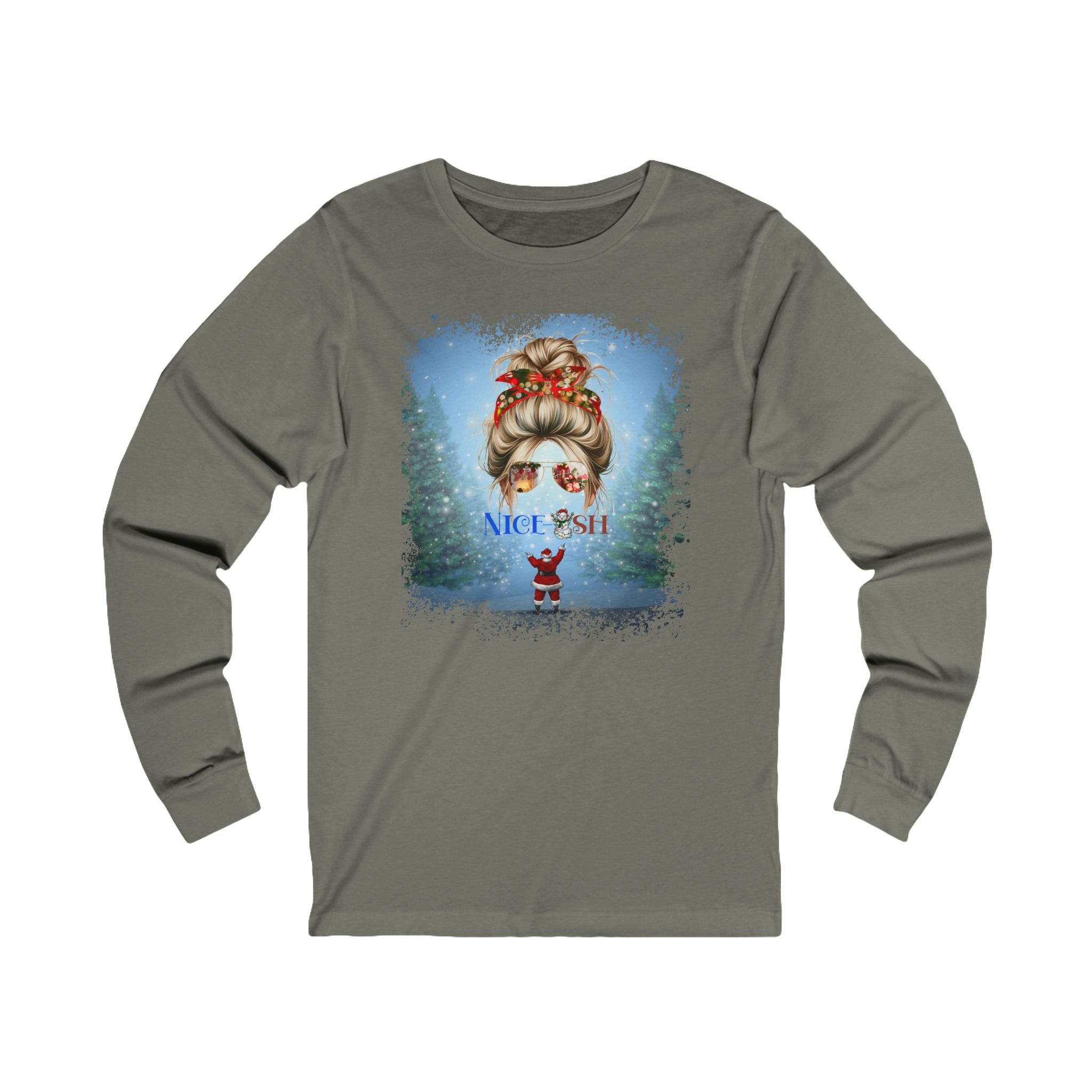 Nice-ish Santa, Blond Hair Messy Bun, Unisex Jersey Long Sleeve Tee