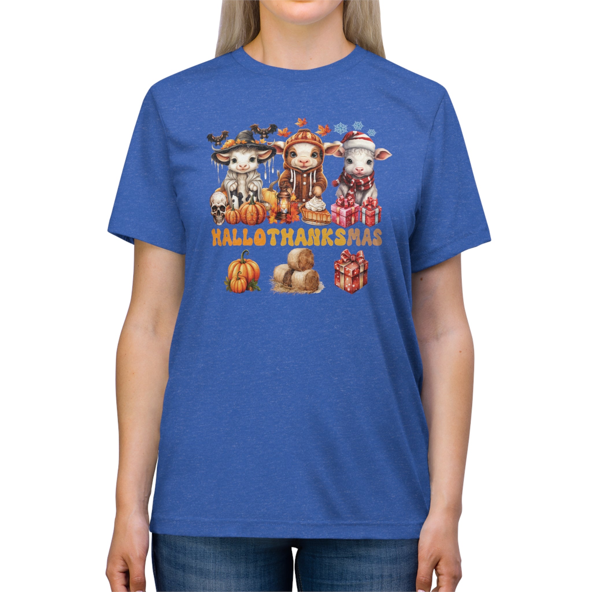 Spooky to Jolly - All-Season Celebration HalloThanksMas Tee (4), Unisex Triblend T-Shirt