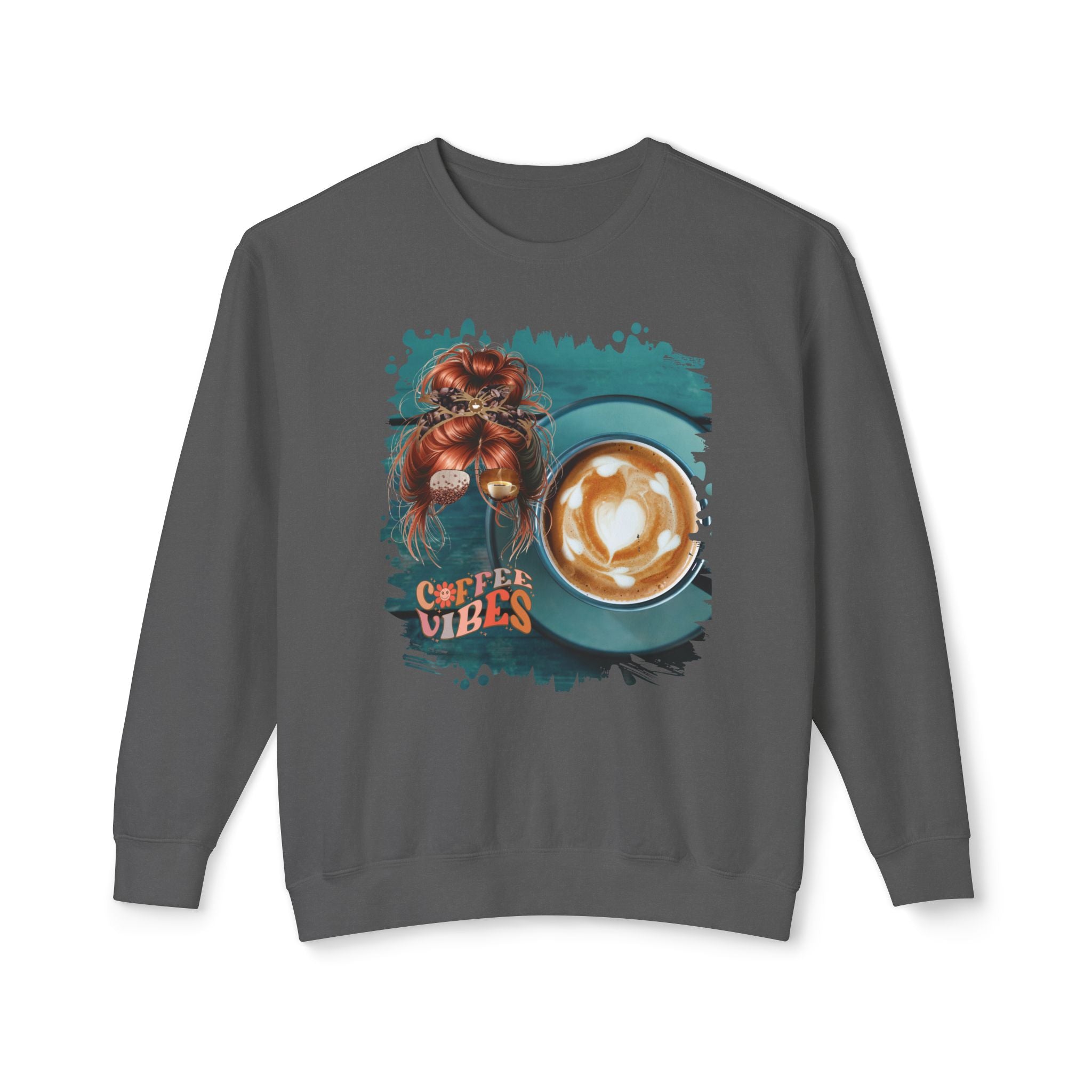 Coffee Vibes, Coffee Cup, Red Hair Messy Bun, Unisex Lightweight Crewneck Sweatshirt