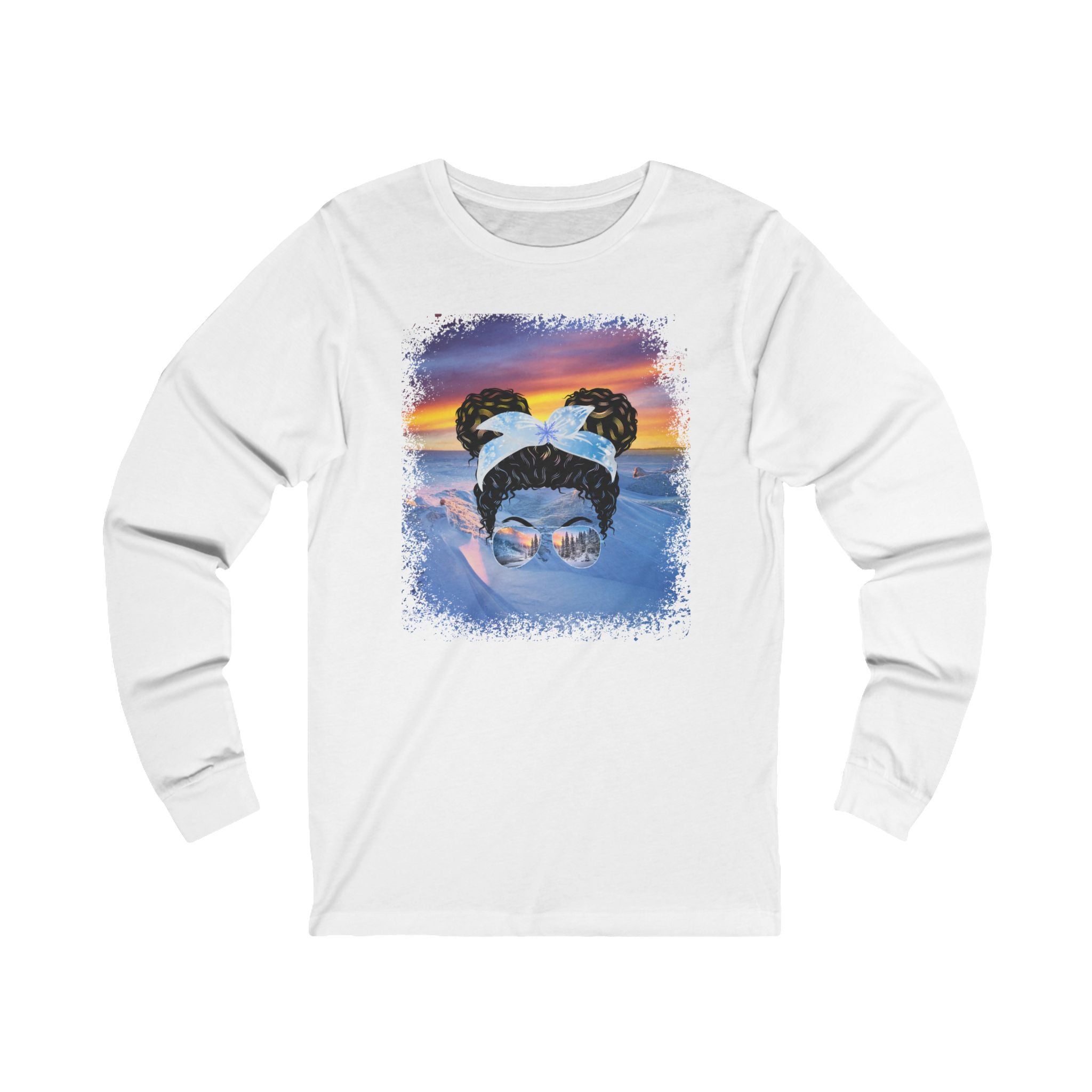 Winter Mountain, Black Hair Messy Bun, Unisex Jersey Long Sleeve Tee