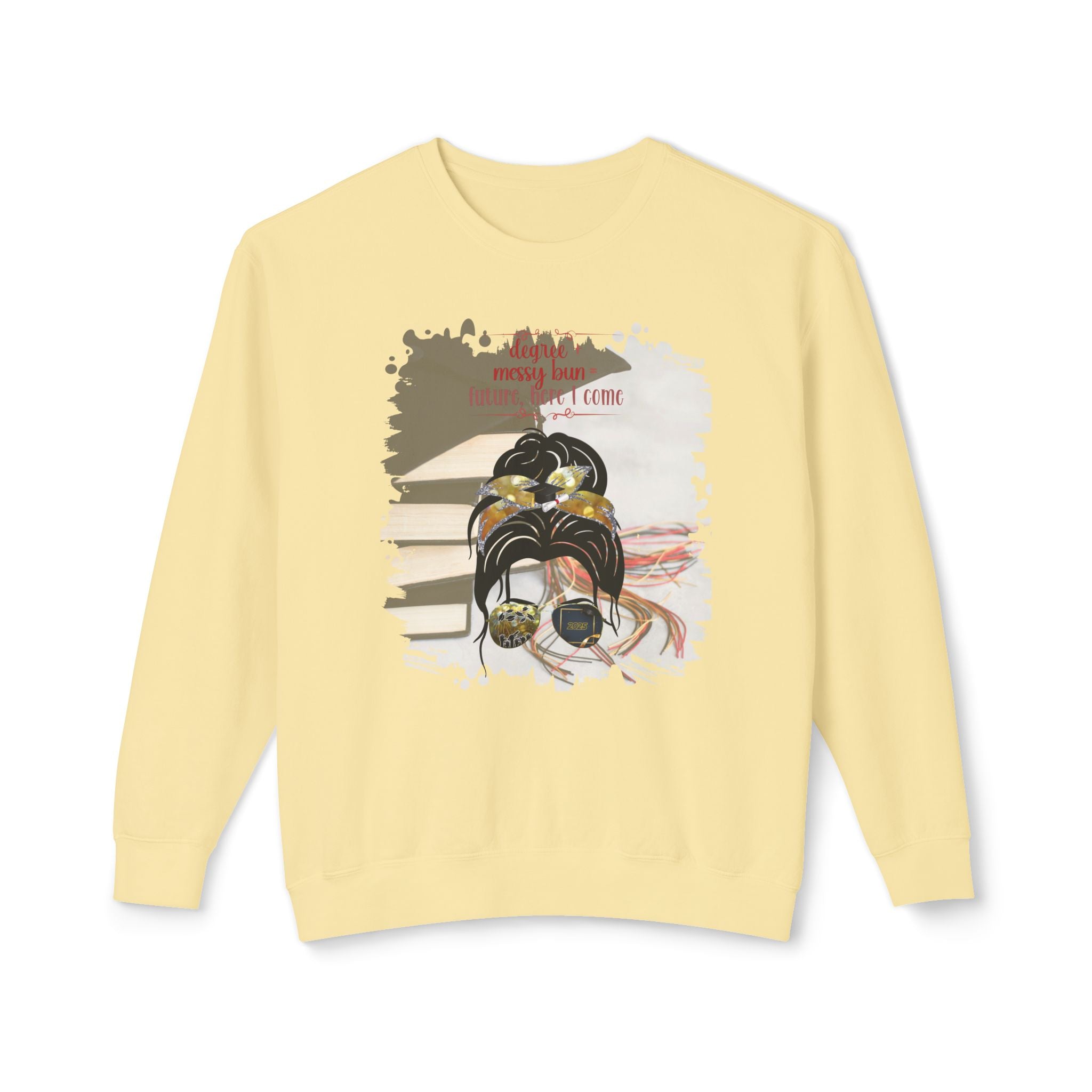 Degree + Messy Bun, Cap & Books, Dark Hair Messy Bun, Unisex Lightweight Crewneck Sweatshirt