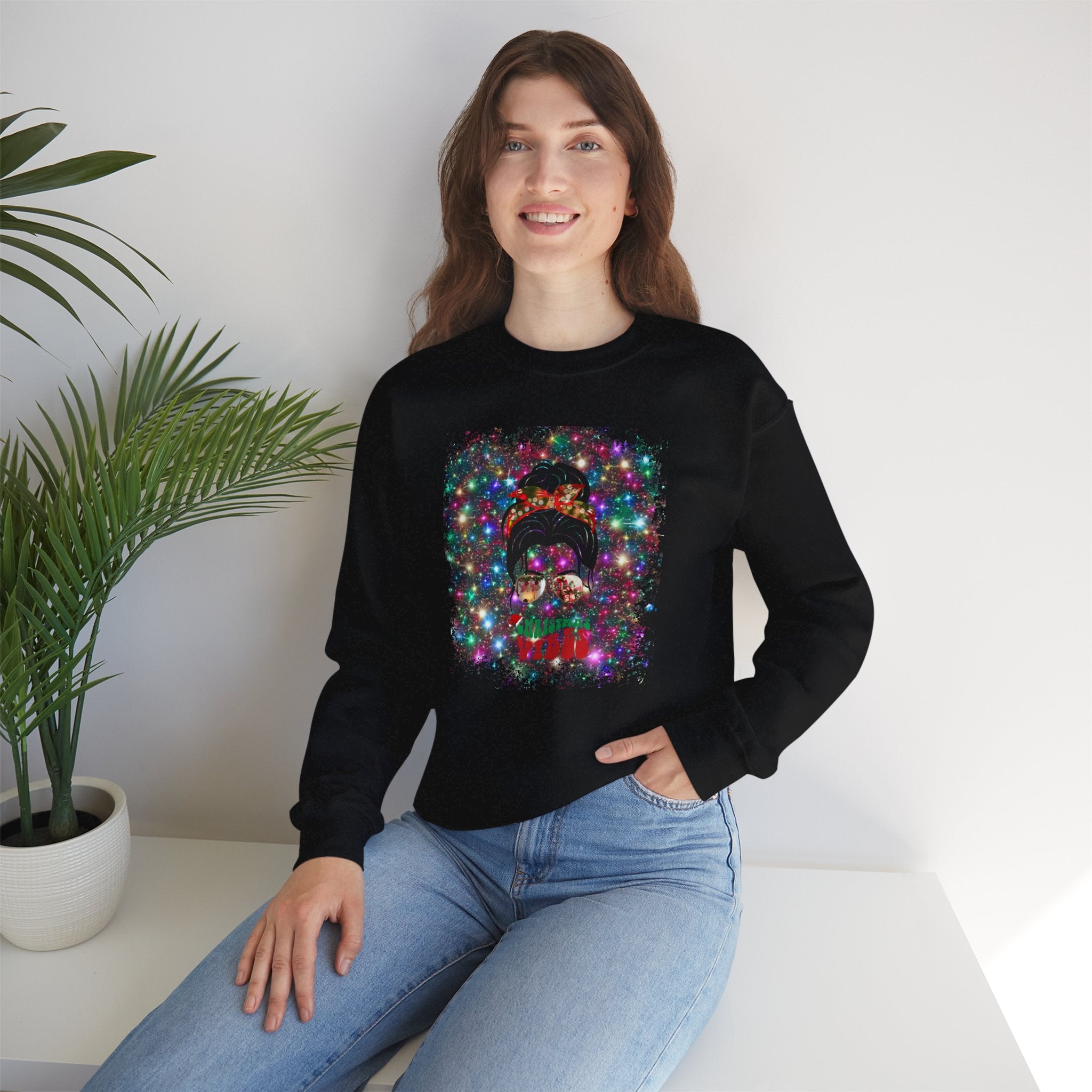 Christmas Vibes Christmas Lights, Dark Hair Messy Bun, Unisex Heavy Blend™ Crewneck Sweatshirt