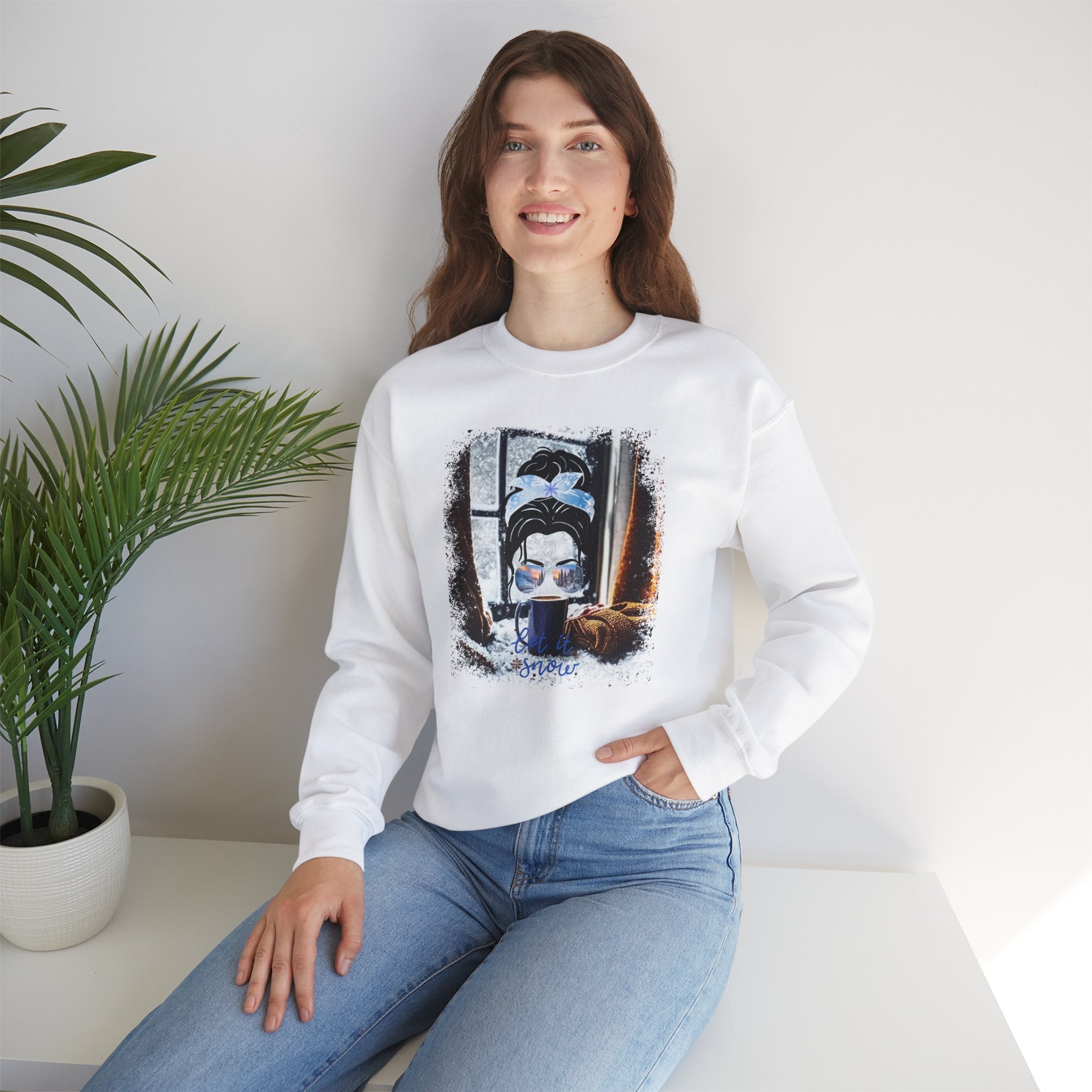 Let it Snow Winter Sweater, Dark Hair Messy Bun, Unisex Heavy Blend™ Crewneck Sweatshirt