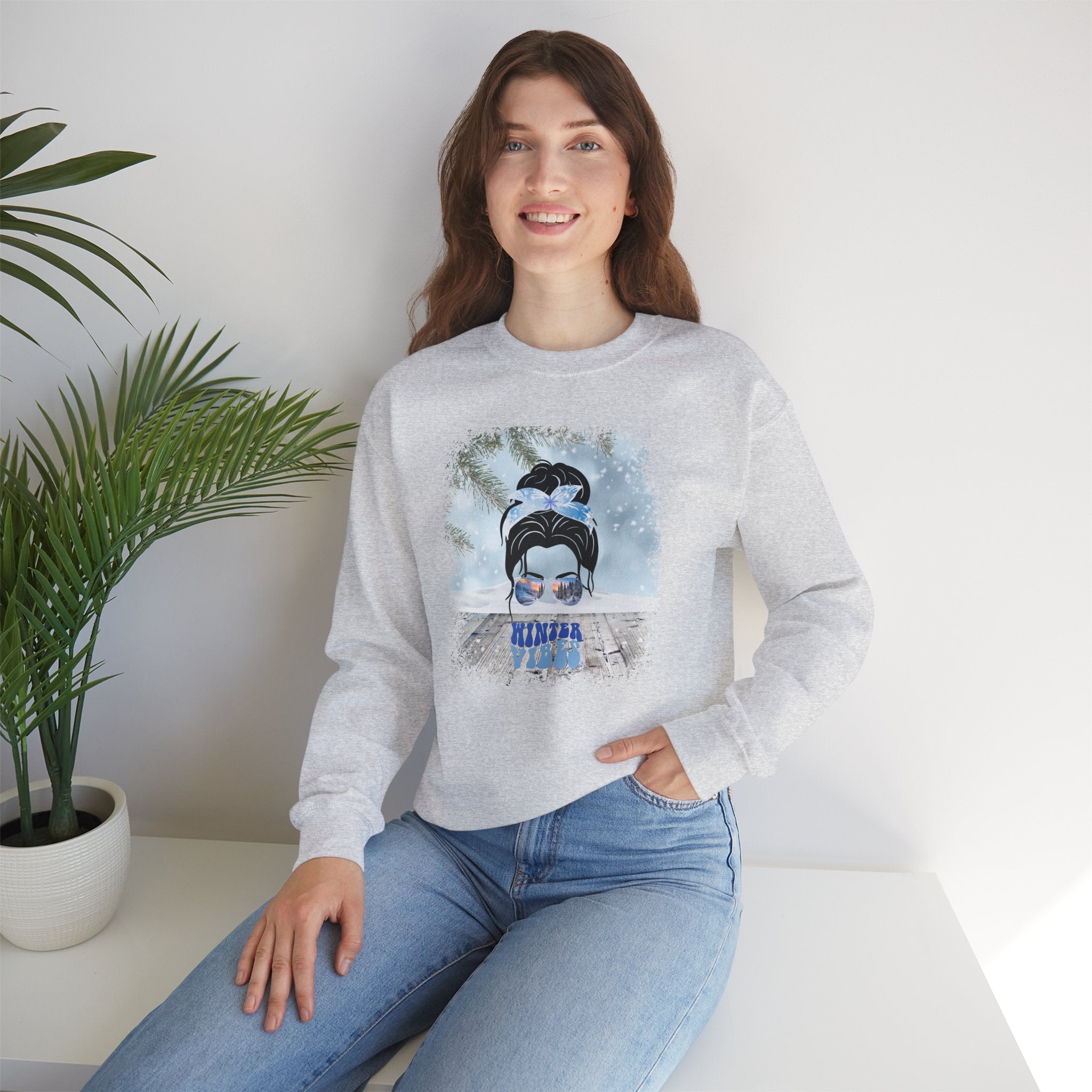 Winter Vibes Snowy Porch, Dark Hair Messy Bun, Unisex Heavy Blend™ Crewneck Sweatshirt