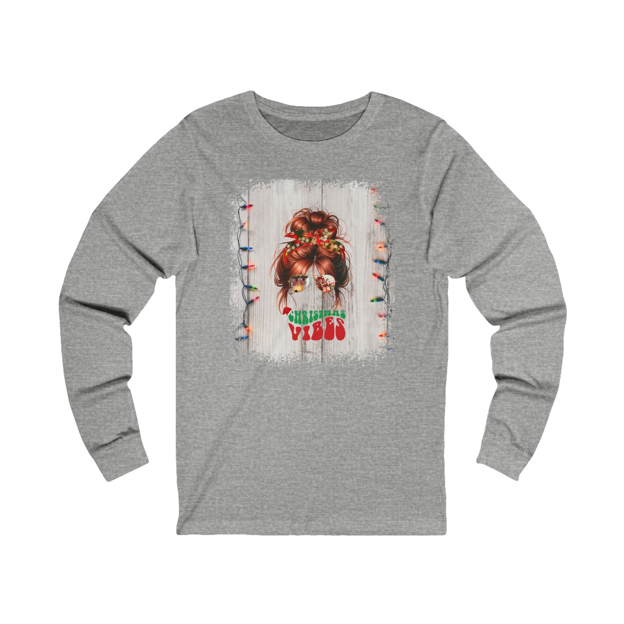 Christmas Vibes Christmas Lights String, Red Hair Messy Bun, Unisex Jersey Long Sleeve Tee