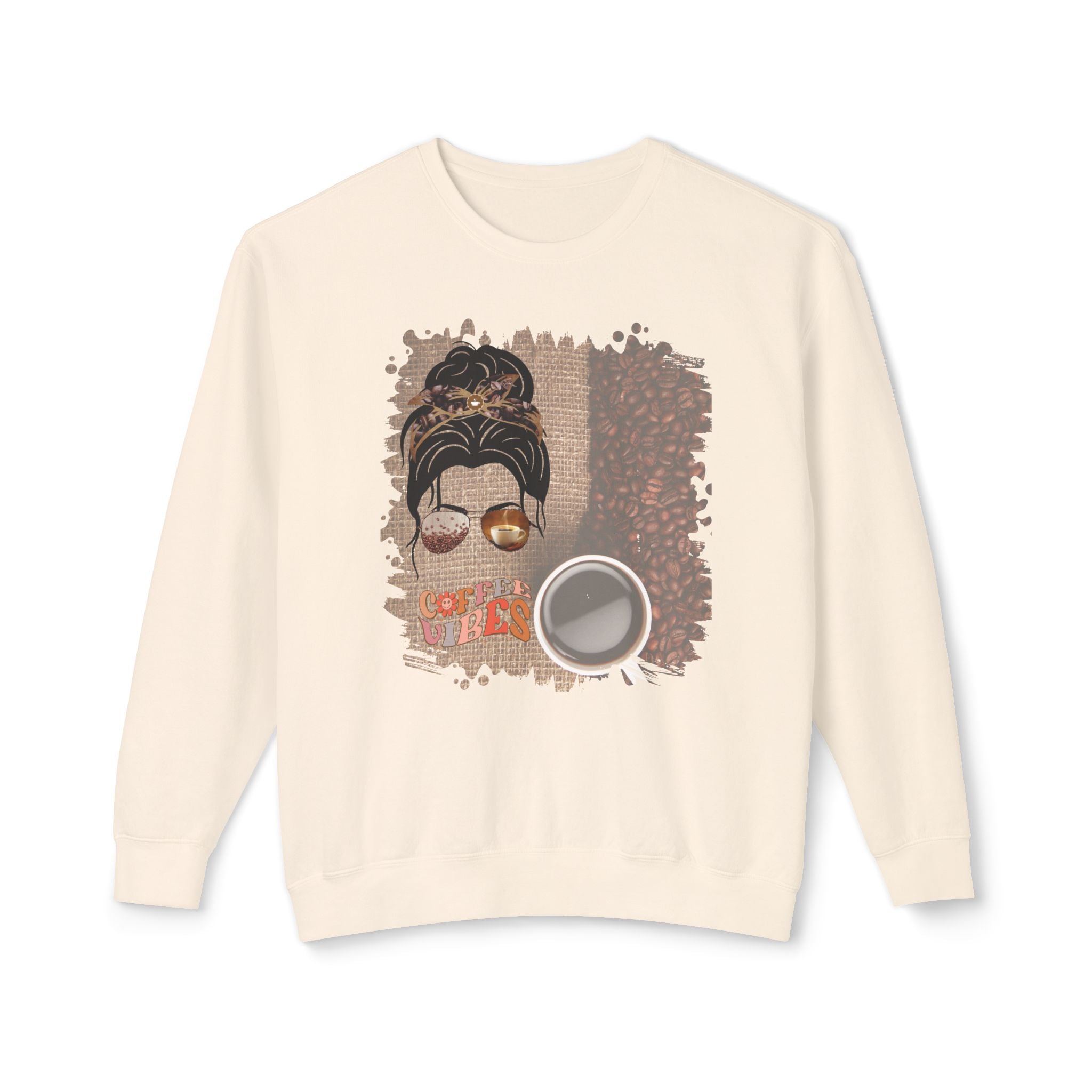 Coffee Vibes, Coffee Beans Bag, Dark Hair Messy Bun, Unisex Lightweight Crewneck Sweatshirt