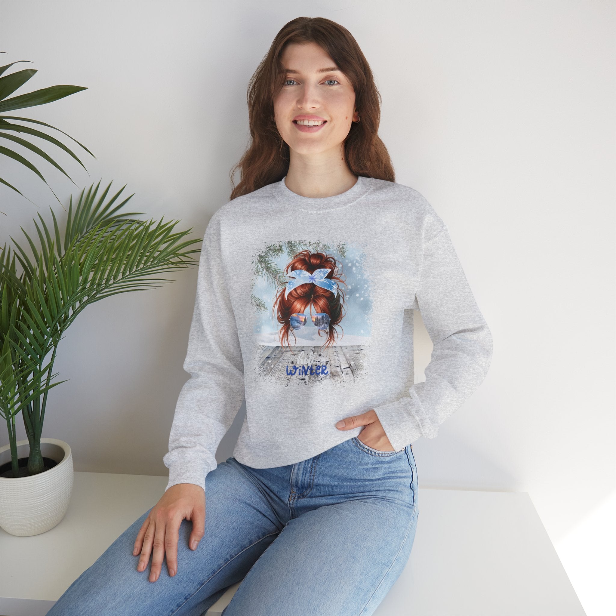 Hello Winter Snowy Porch, Red Hair Messy Bun, Unisex Heavy Blend™ Crewneck Sweatshirt