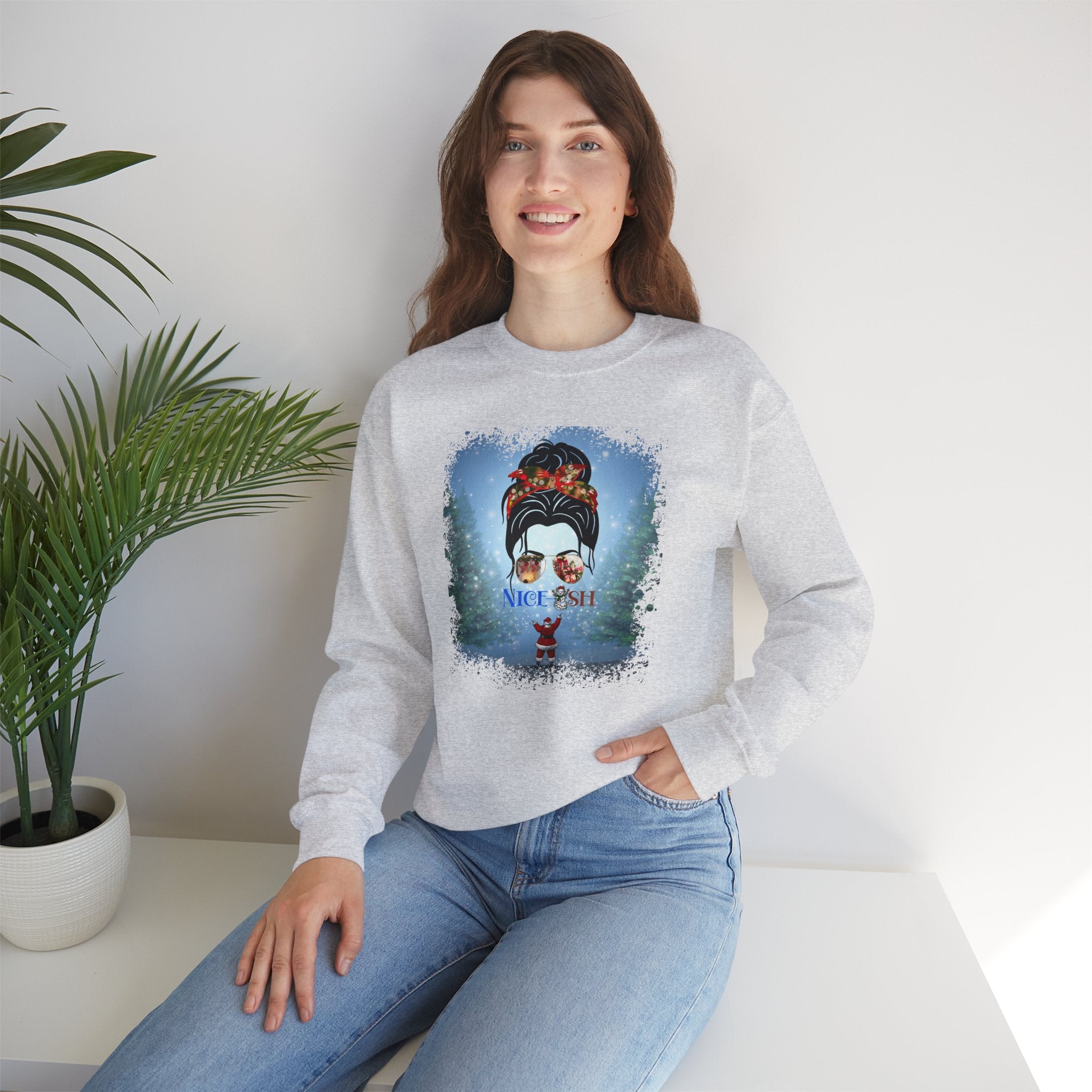 Nice-ish Santa, Dark Hair Messy Bun, Unisex Heavy Blend™ Crewneck Sweatshirt