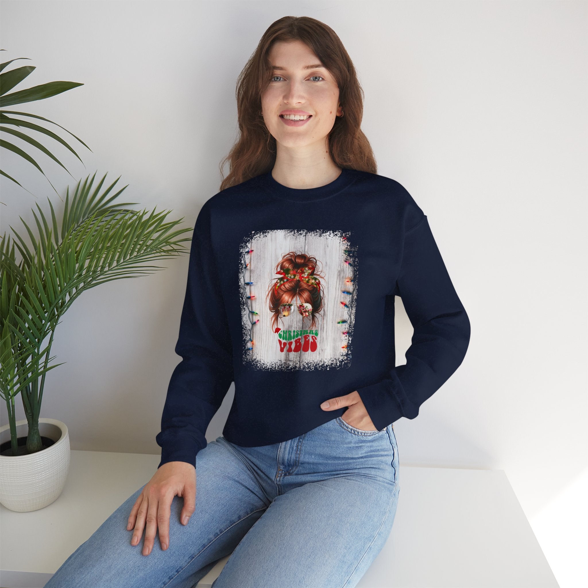 Christmas Vibes Christmas String Lights, Red Hair Messy Bun, Unisex Heavy Blend™ Crewneck Sweatshirt