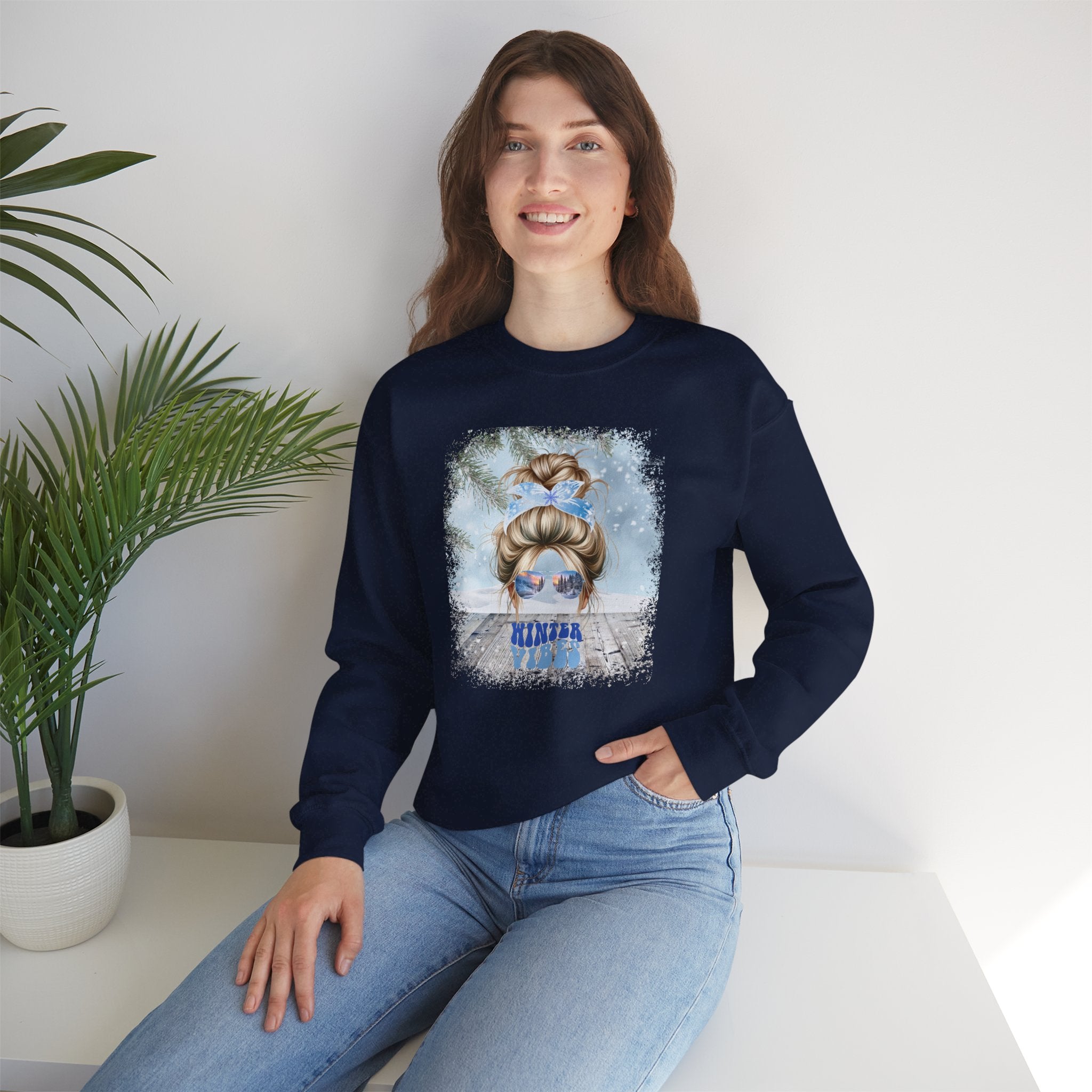 Winter Vibes Snowy Porch, Blond Hair Messy Bun, Unisex Heavy Blend™ Crewneck Sweatshirt