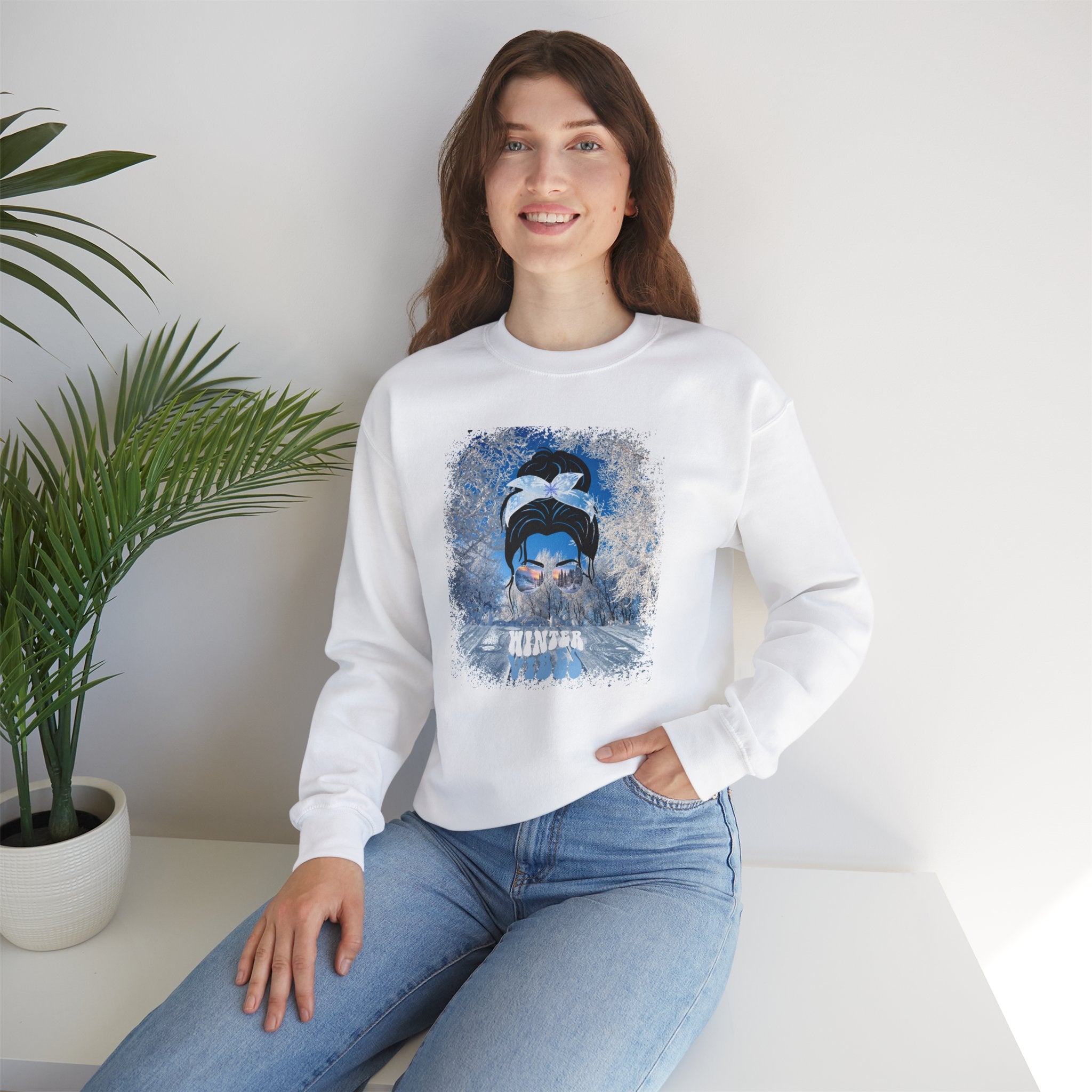 Winter Vibes Winter Porch, Dark Hair Messy Bun, Unisex Heavy Blend™ Crewneck Sweatshirt