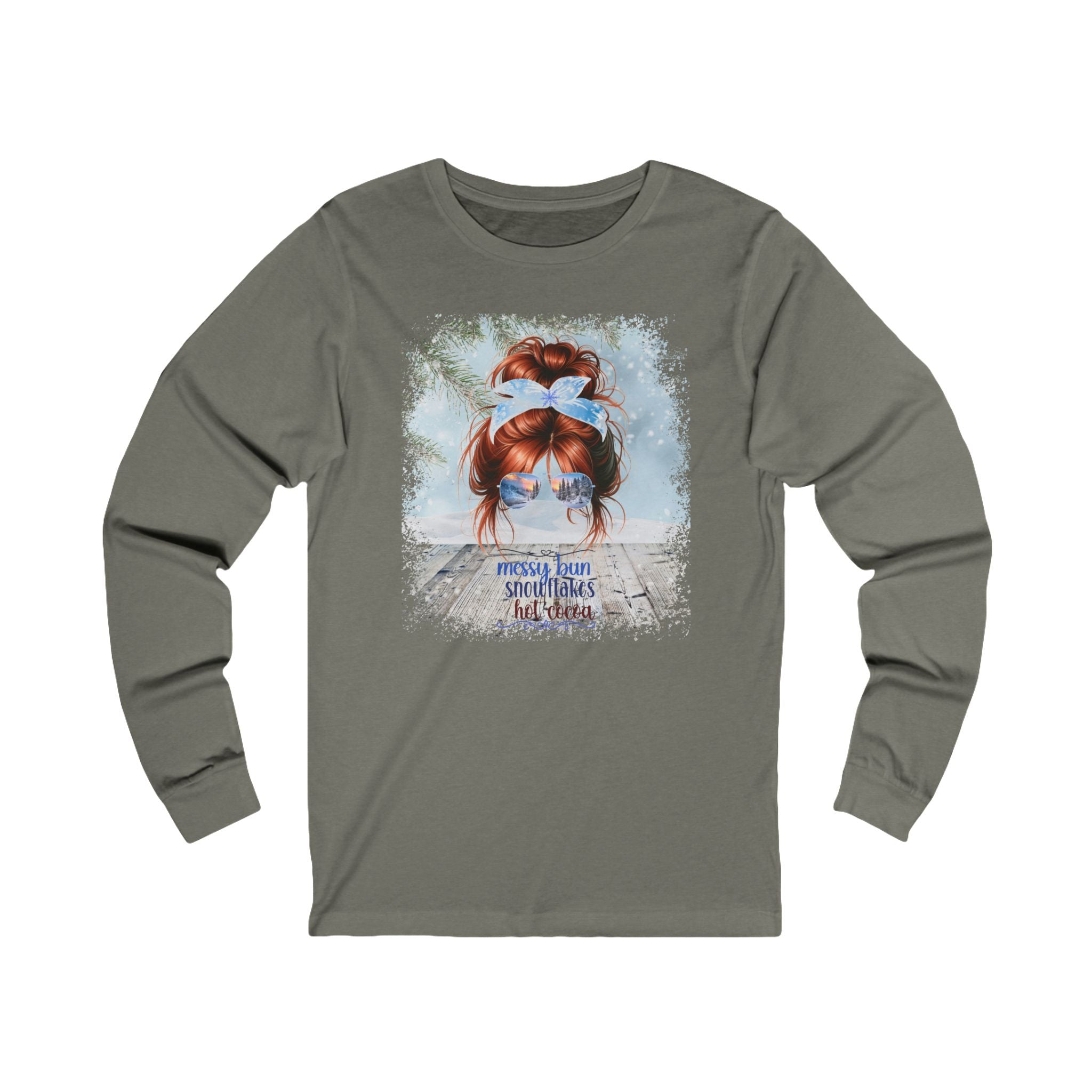 Messy Bun Winter Snowy Porch, Red Hair Messy Bun, Unisex Jersey Long Sleeve Tee