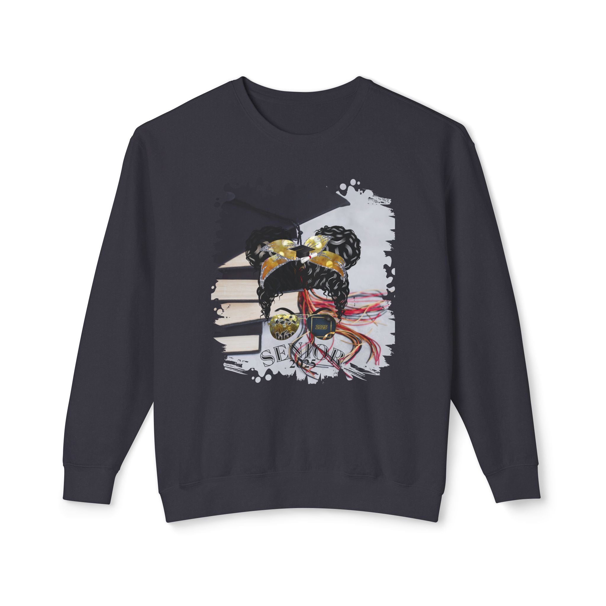 Senior 2025, Cap & Books, Black Hair Messy Bun, Unisex Lightweight Crewneck Sweatshirt