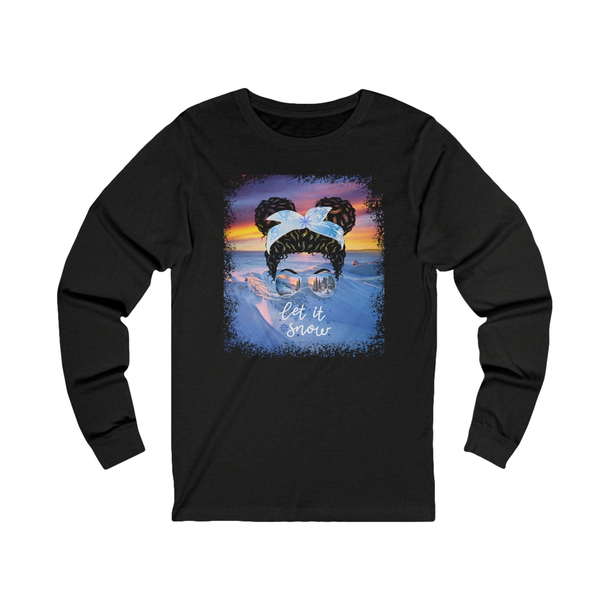 Let it Snow Winter Mountain, Black Hair Messy Bun, Unisex Jersey Long Sleeve Tee