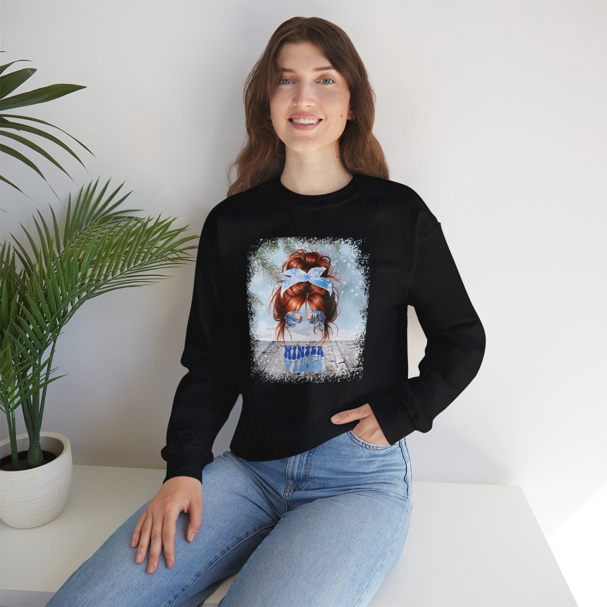 Winter Vibes Snowy Porch, Red Hair Messy Bun, Unisex Heavy Blend™ Crewneck Sweatshirt