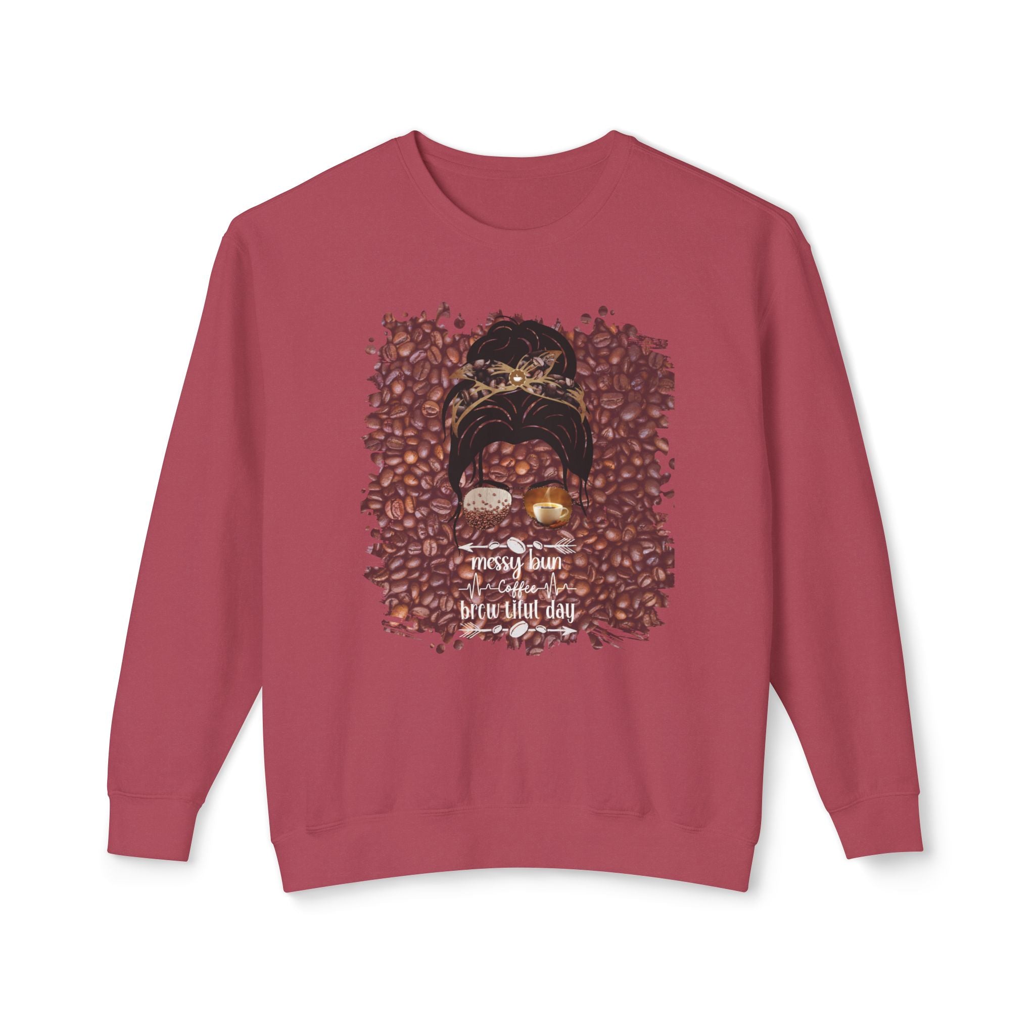 Coffee Heartbeat, Coffee Beans, Dark Hair Messy Bun, Unisex Lightweight Crewneck Sweatshirt